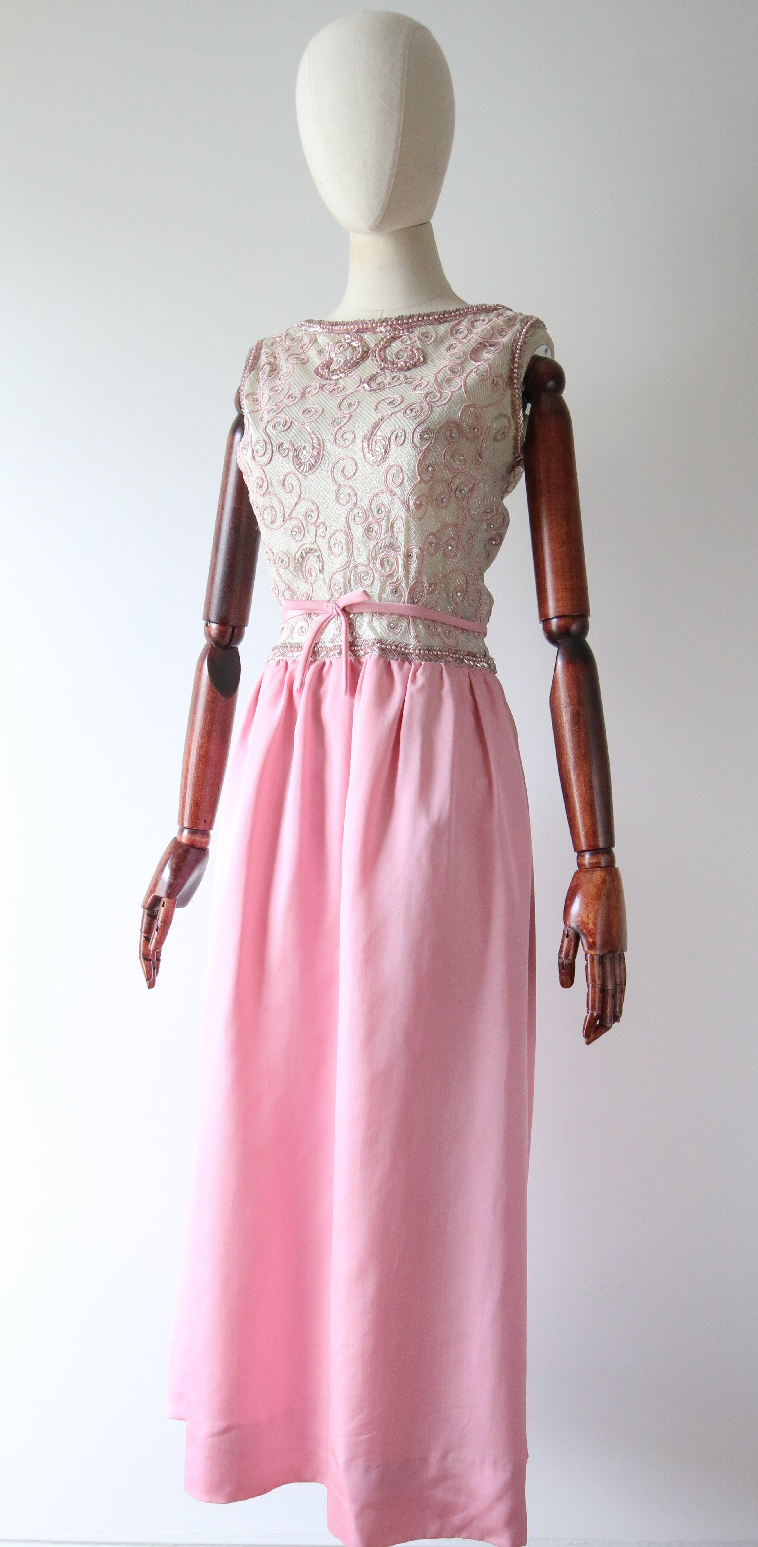 Vintage 1960's Pink & Silver Lurex Beaded Frank Usher Evening Gown UK 8-10 For Sale 1