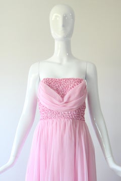 Vintage 1960's Pink Strapless Evening Gown Pink Chiffon Mike Benet UK 8 US 4