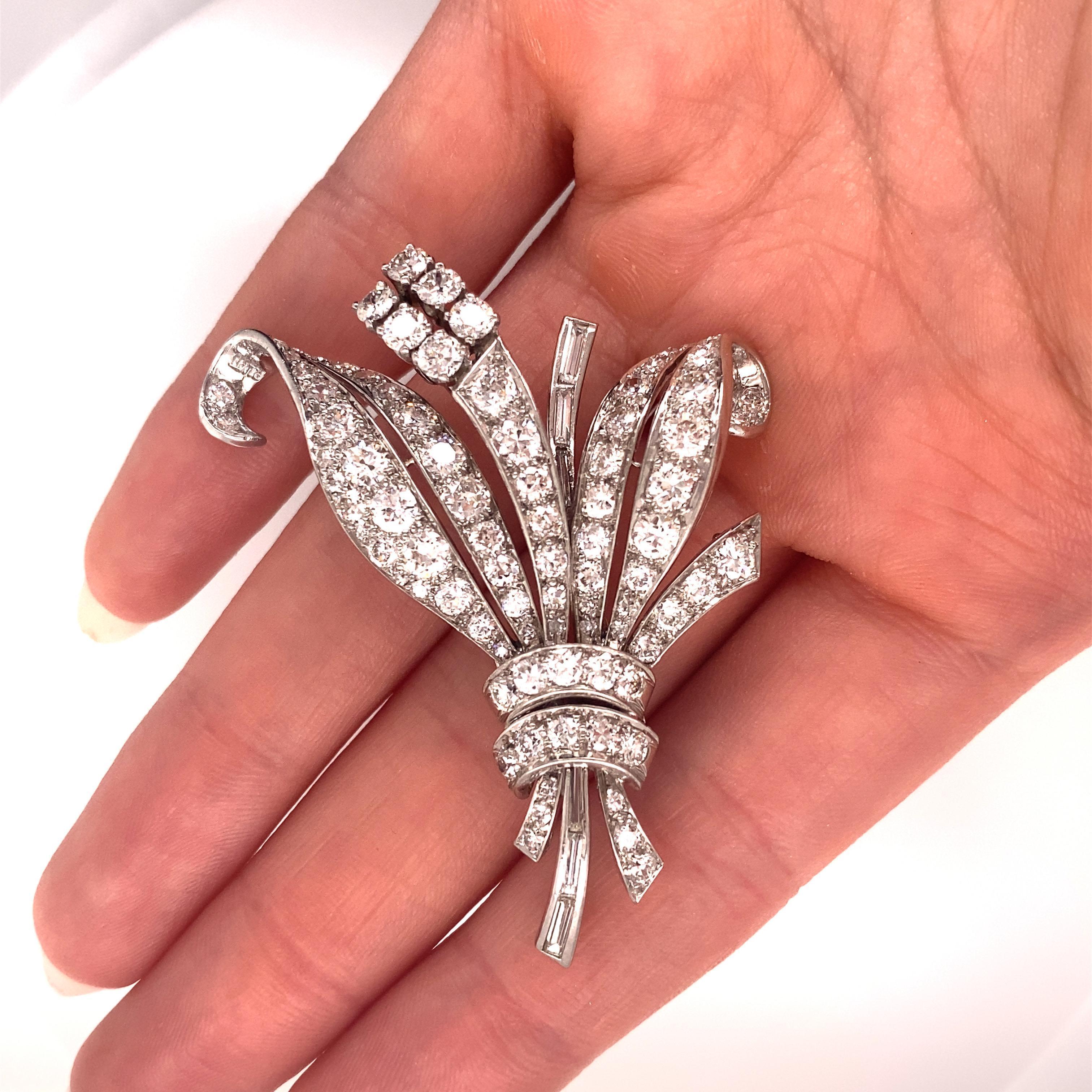 Women's Vintage 1960’s Platinum Diamond Bouquet Brooch 6.29ct For Sale