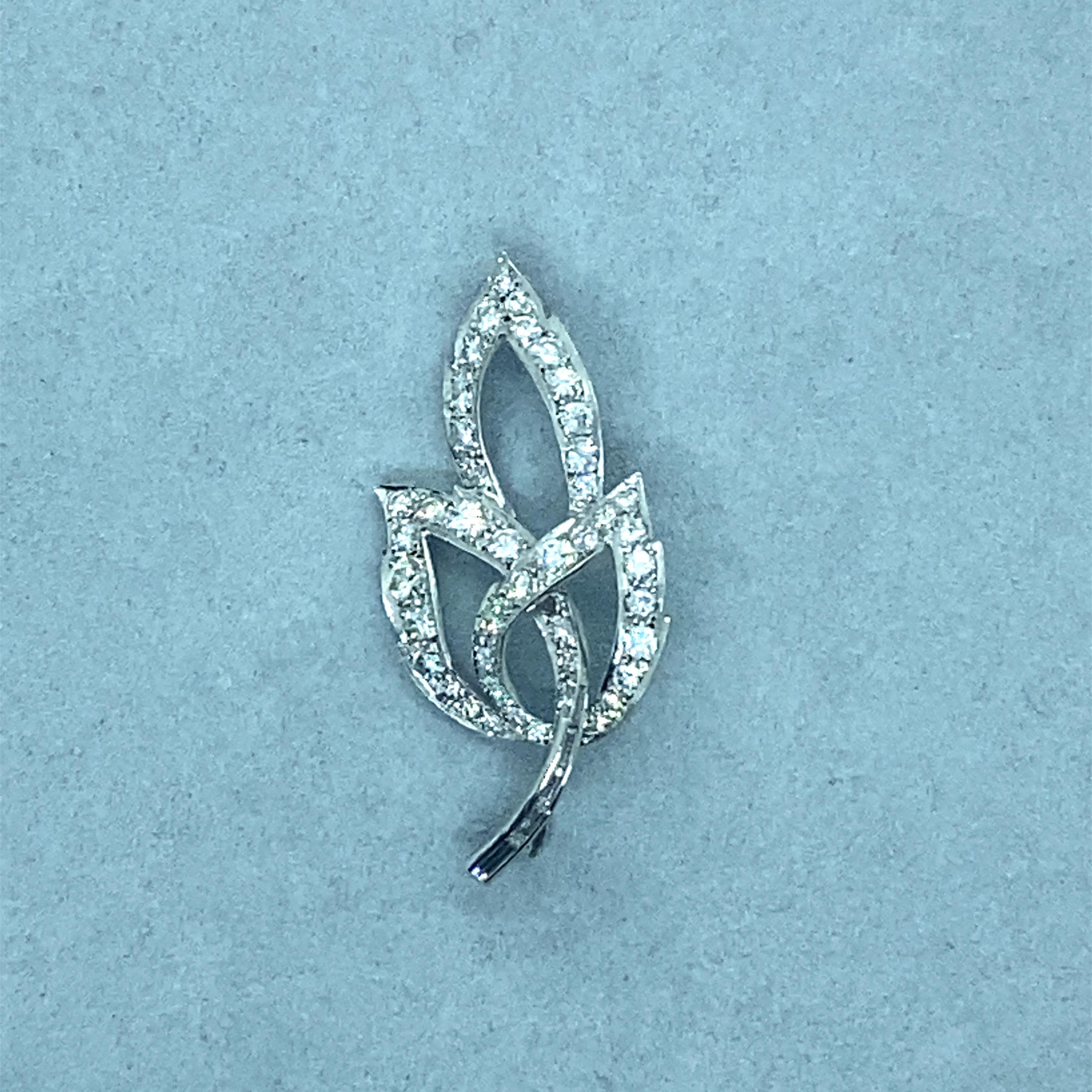 Vintage 1960’s Platinum Diamond Leaf Pin In Good Condition For Sale In Boston, MA