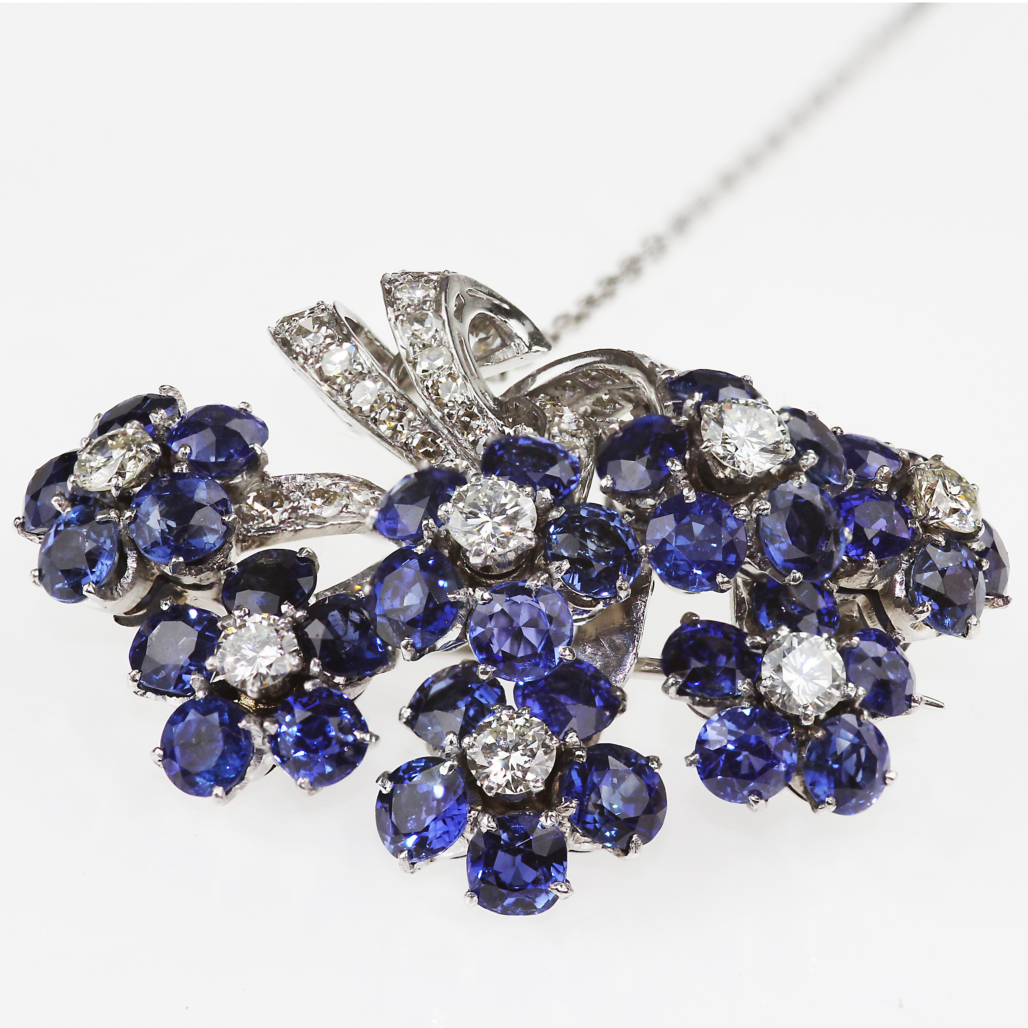 Round Cut Vintage Sapphire & Diamond Brooch, Flower Bouquet Design set in Platinum For Sale