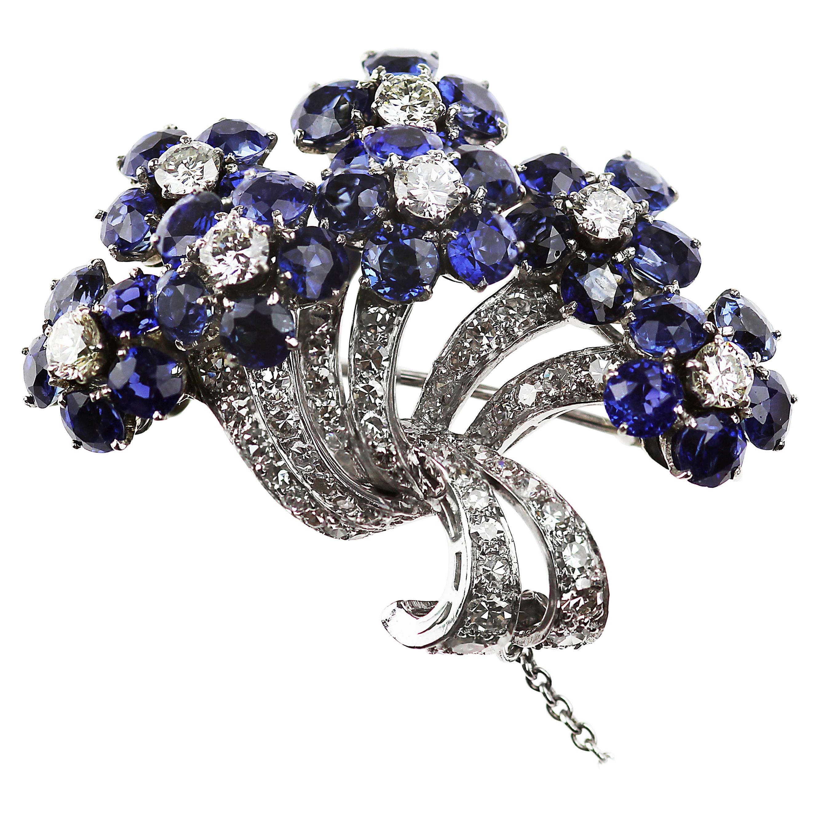 Vintage Sapphire & Diamond Brooch, Flower Bouquet Design set in Platinum For Sale