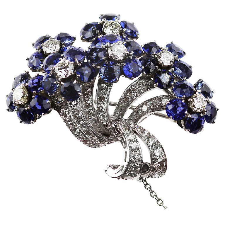 Vintage 1960s Platinum Diamond and Natural Sapphire Petals Flower