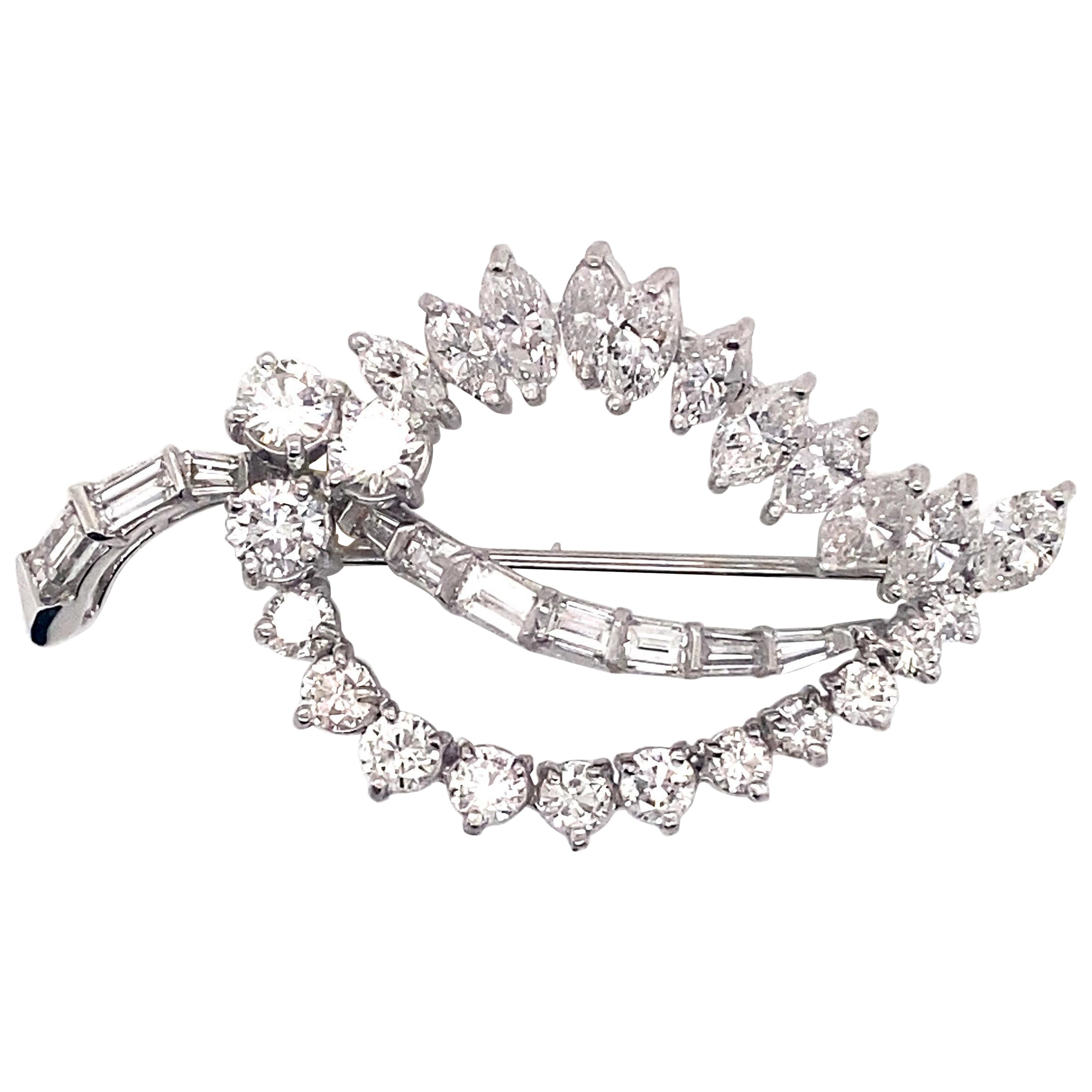 Vintage 1960's Platinum Marquise Round and Baguette Diamond Leaf Booth 5ct