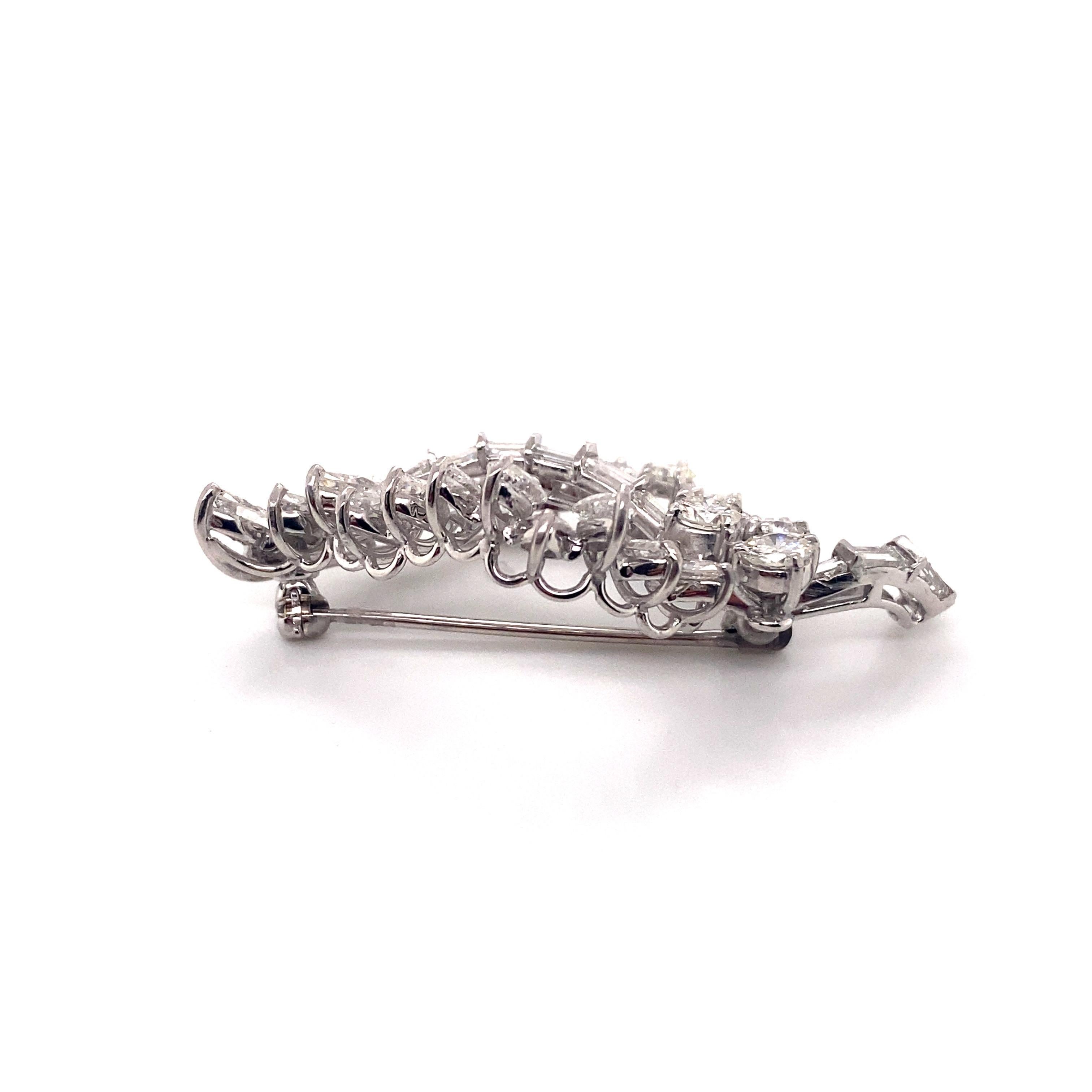 Marquise Cut Vintage 1960’s Platinum Marquise Round and Baguette Diamond Leaf Pin 5ct For Sale