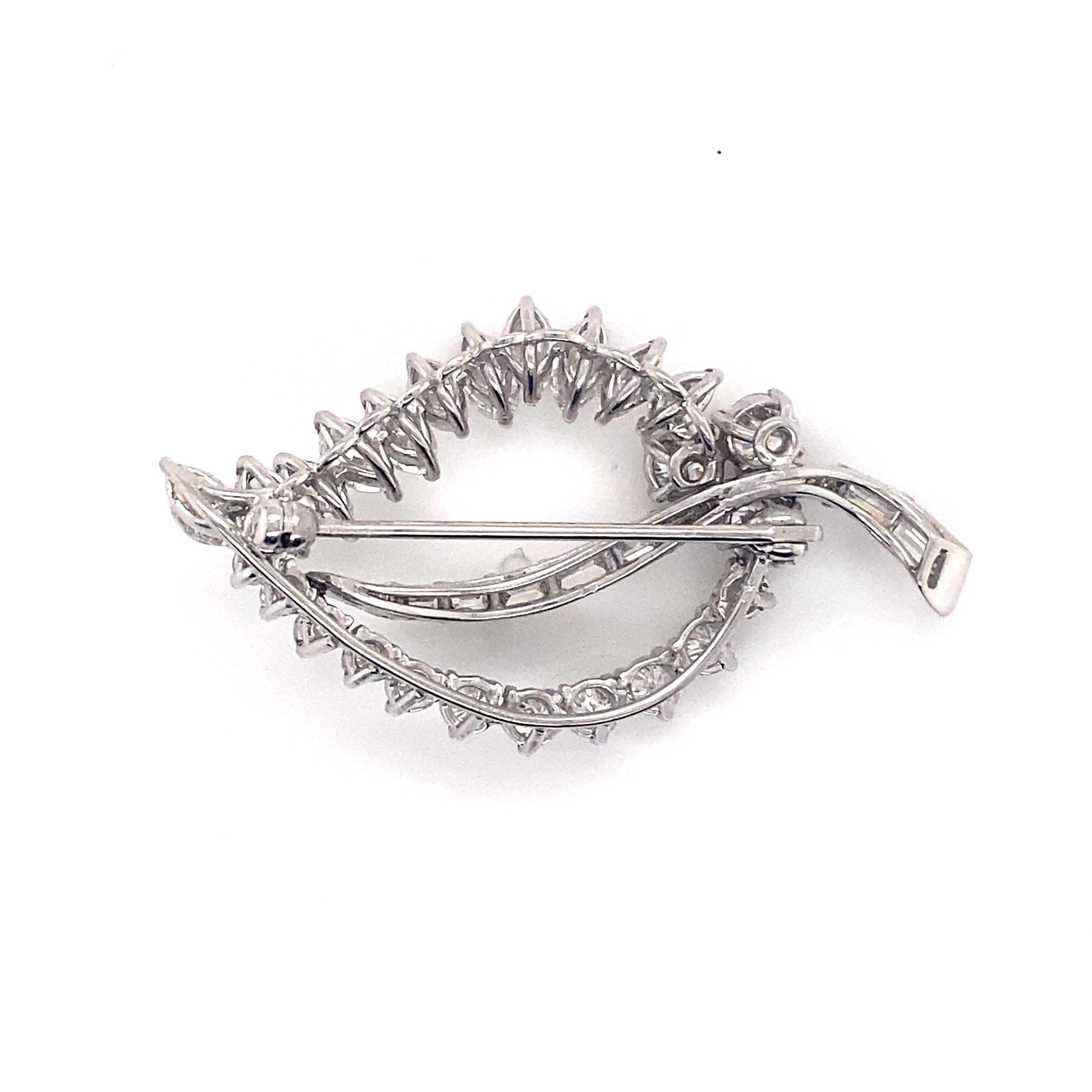 Vintage 1960’s Platinum Marquise Round and Baguette Diamond Leaf Pin 5ct In Good Condition For Sale In Boston, MA