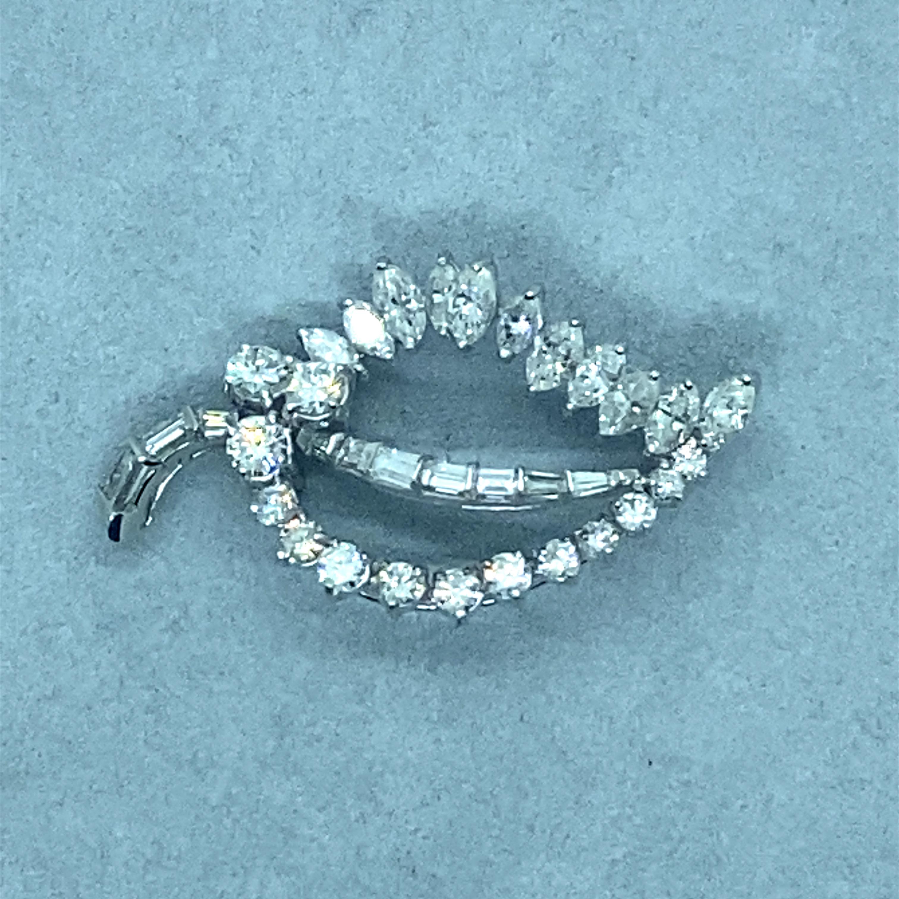 Women's Vintage 1960’s Platinum Marquise Round and Baguette Diamond Leaf Pin 5ct For Sale