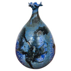 Vintage 1960s Raku Studio Pottery Matte Blue & Black Vase Vessel Signed Ram