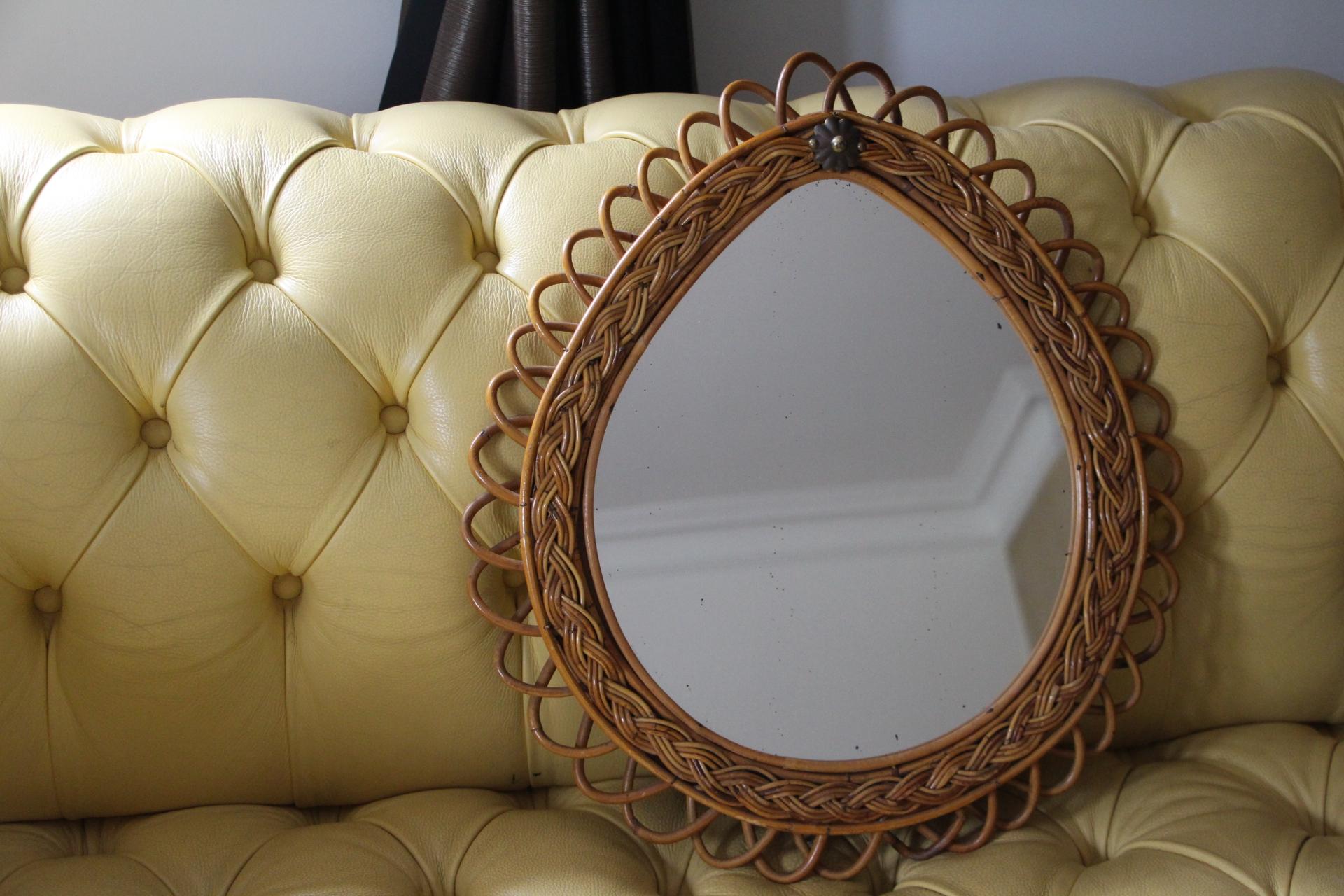 Vintage 1960s Rattan and Bamboo Drop Shape Wall Mirror by Franco Albini 1