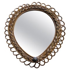 Vintage 1960s Rattan and Bamboo Drop Shape Wall Mirror by Franco Albini