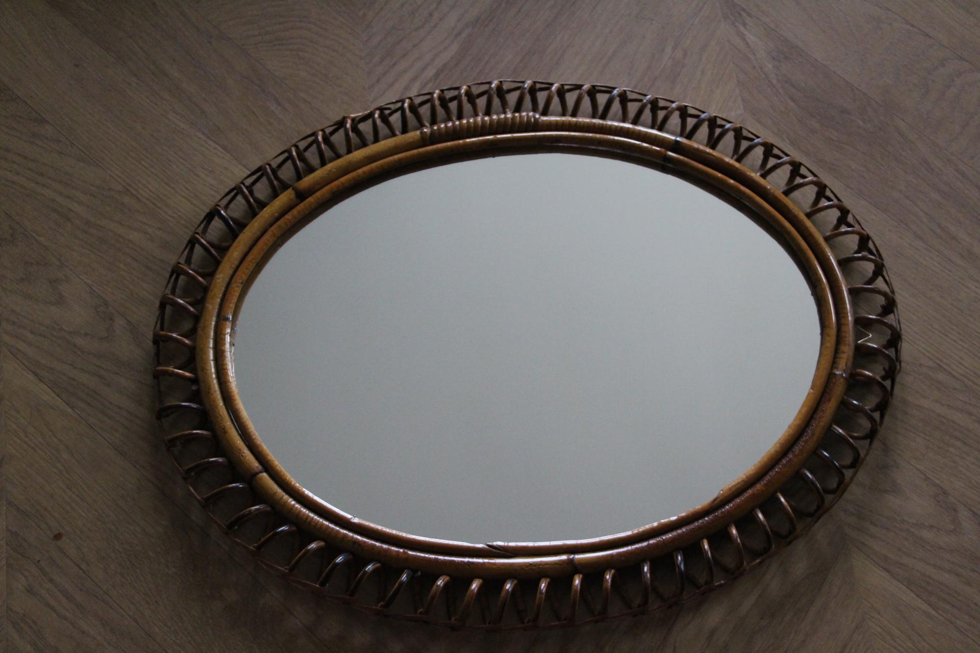 Vintage 1960s Rattan and Bamboo Oval Wall Mirror by Franco Albini 7