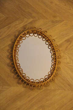 Vintage 1960s Rattan and Bamboo Oval Wall Mirror in the style of Franco Albini