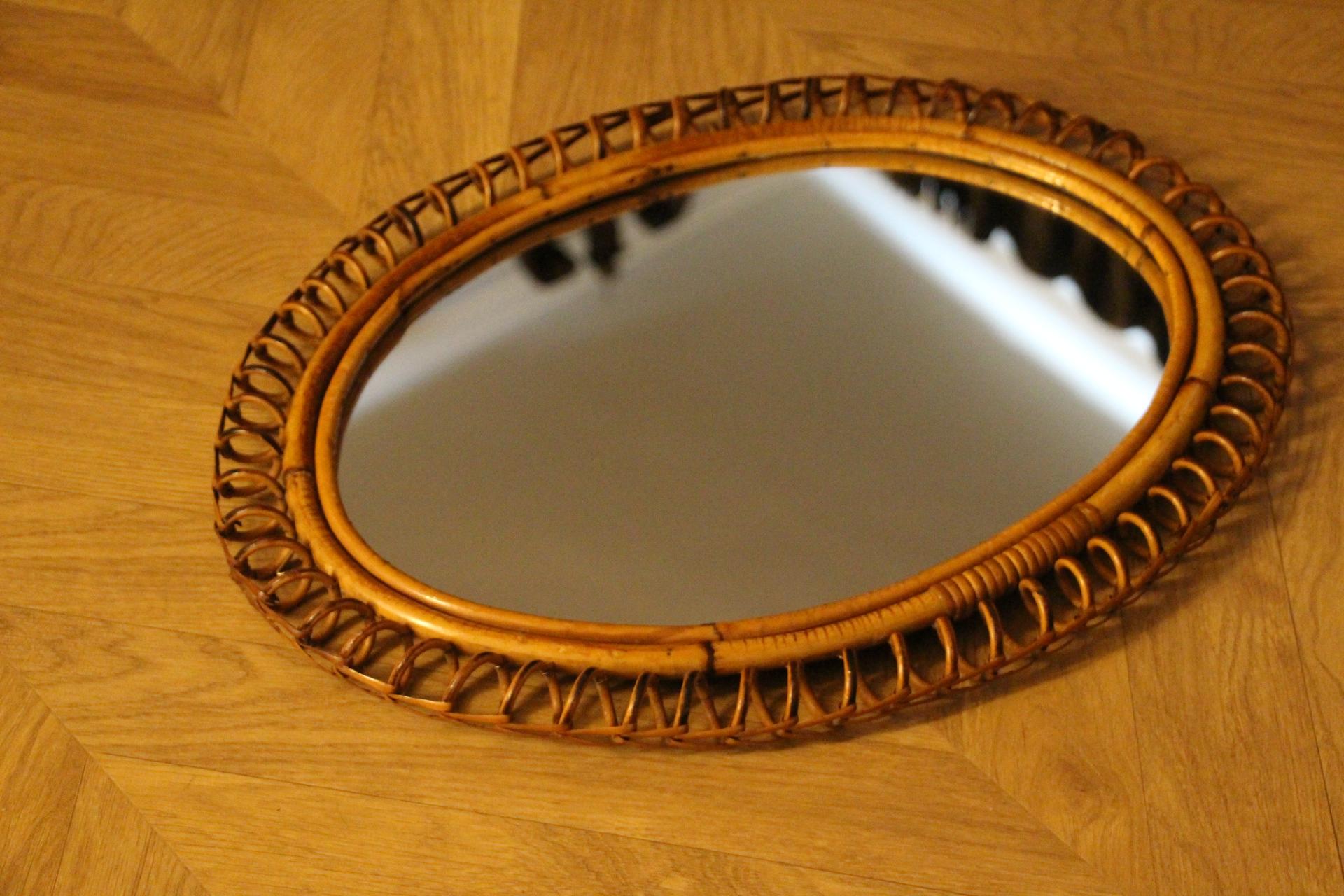 Italian Vintage 1960s Rattan and Bamboo Oval Wall Mirror by Franco Albini