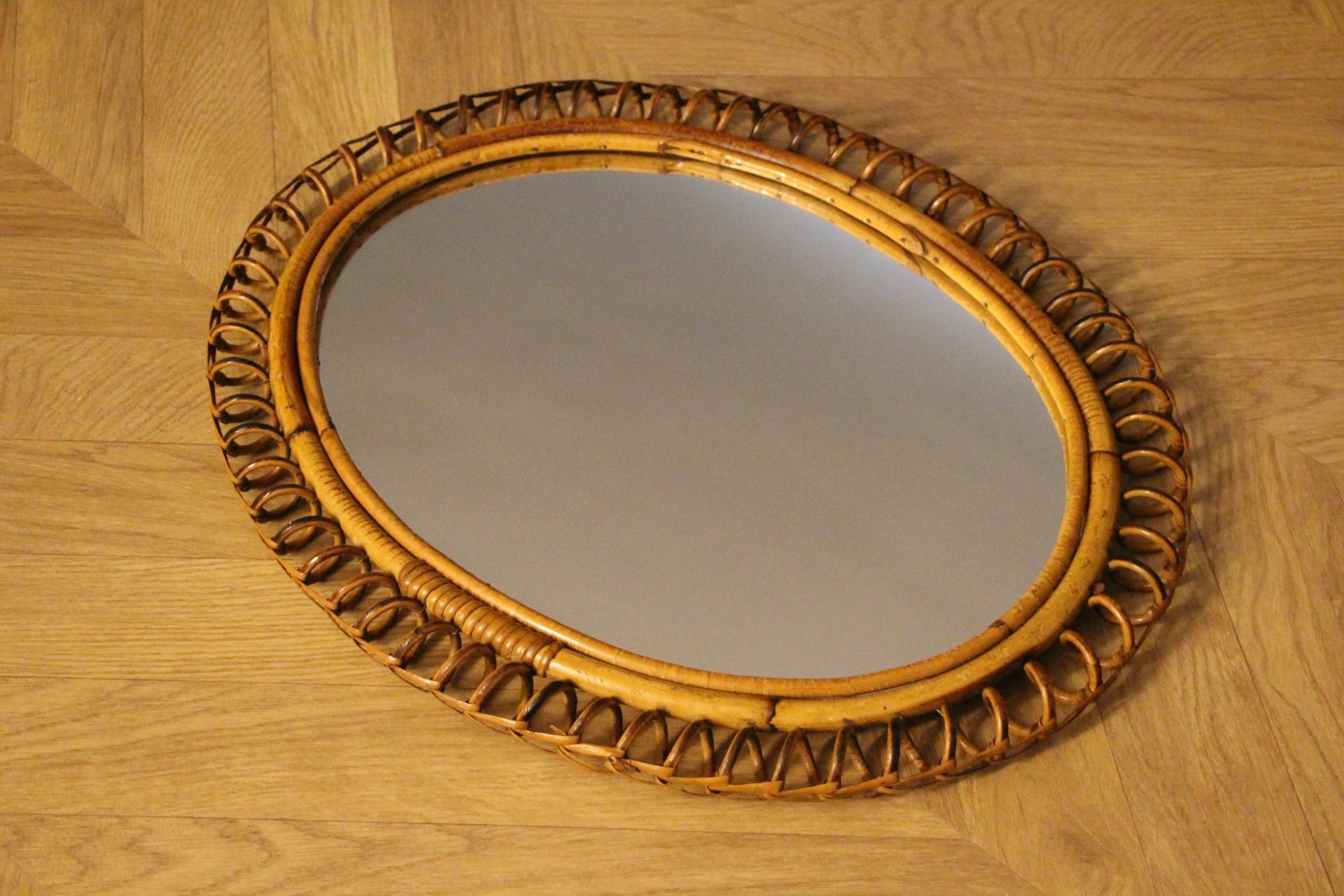 Vintage 1960s Rattan and Bamboo Oval Wall Mirror by Franco Albini 1