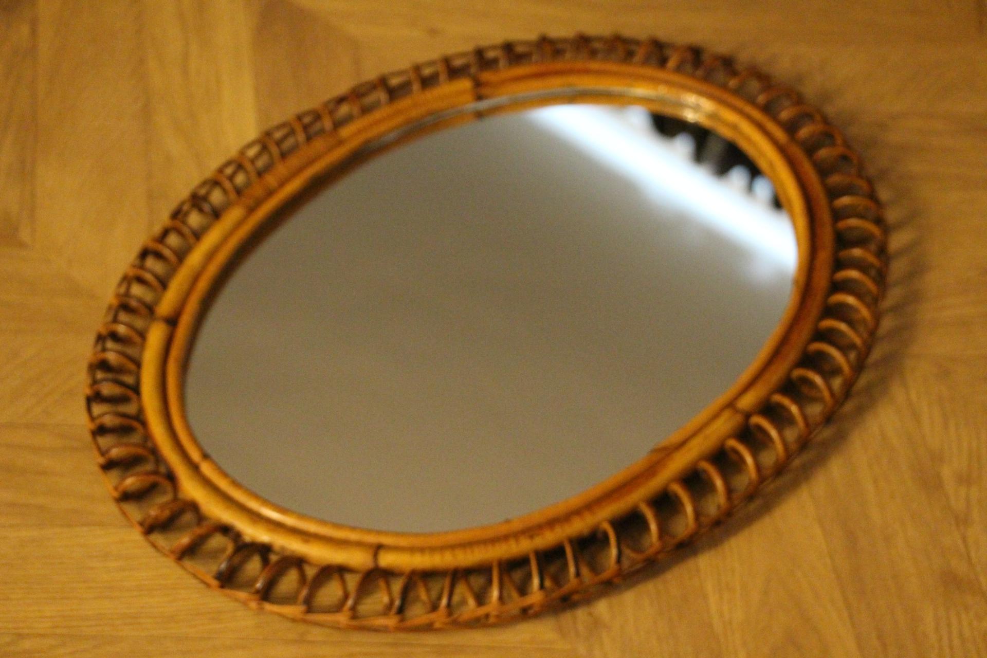Vintage 1960s Rattan and Bamboo Oval Wall Mirror by Franco Albini 2