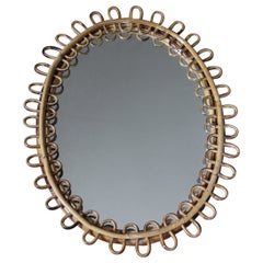 Vintage 1960s Rattan and Bamboo Oval Wall Mirror by Franco Albini