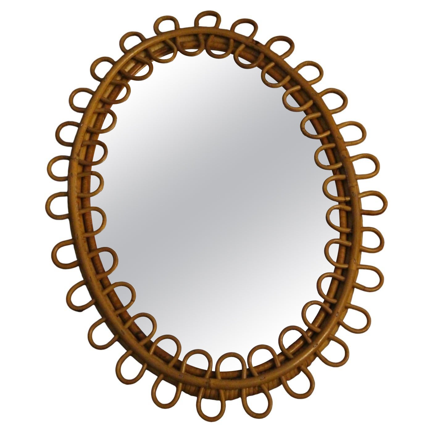 Vintage 1960s Rattan and Bamboo Oval Wall Mirror in the style of Franco Albini