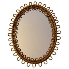Vintage 1960s Rattan and Bamboo Oval Wall Mirror in the style of Franco Albini