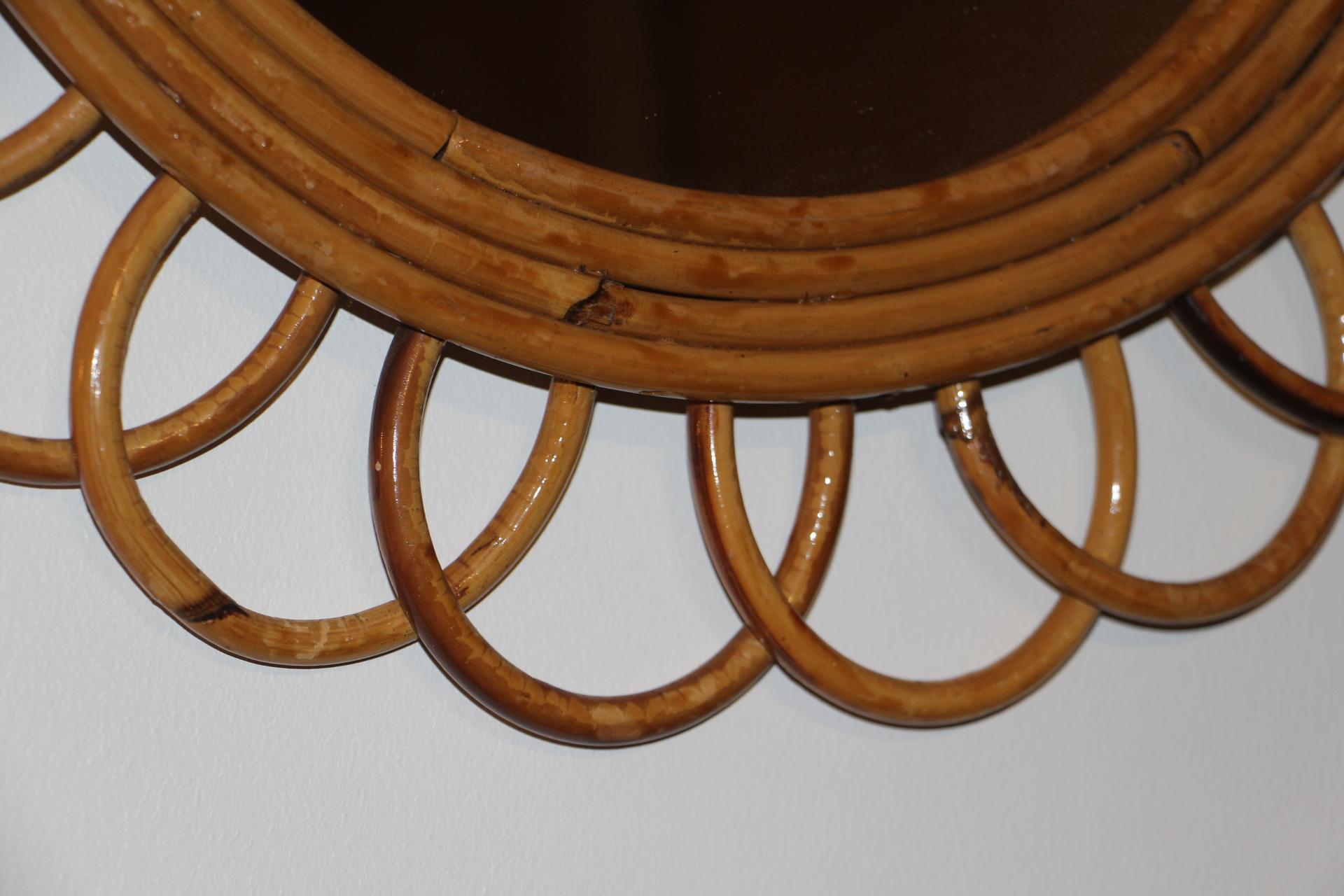 Specchio da parete rotondo in rattan e bambù vintage degli anni '60 di Franco Albini in vendita 3
