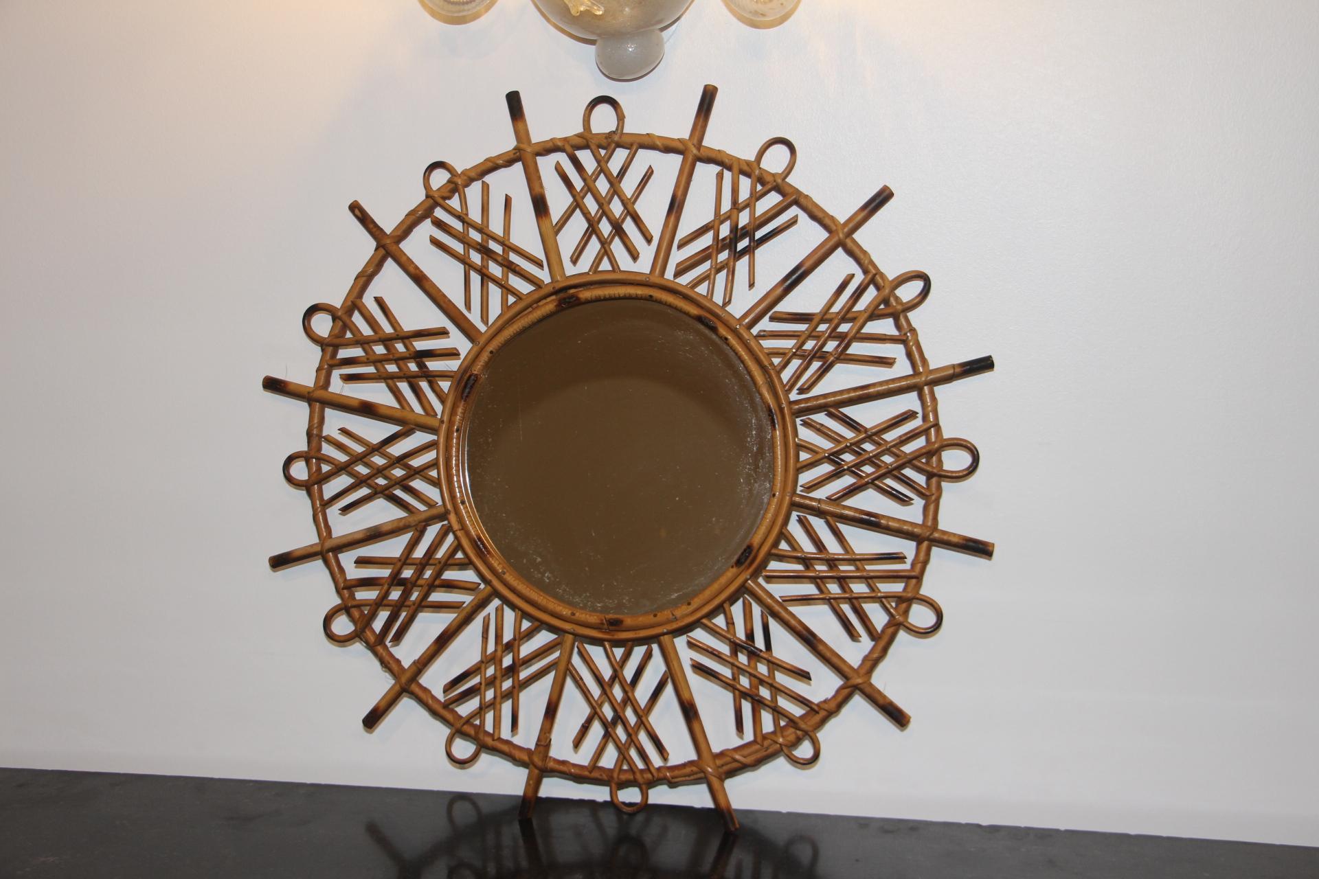 Vintage 1960’s Rattan and Bamboo Round Wall Mirror by Franco Albini For Sale 4