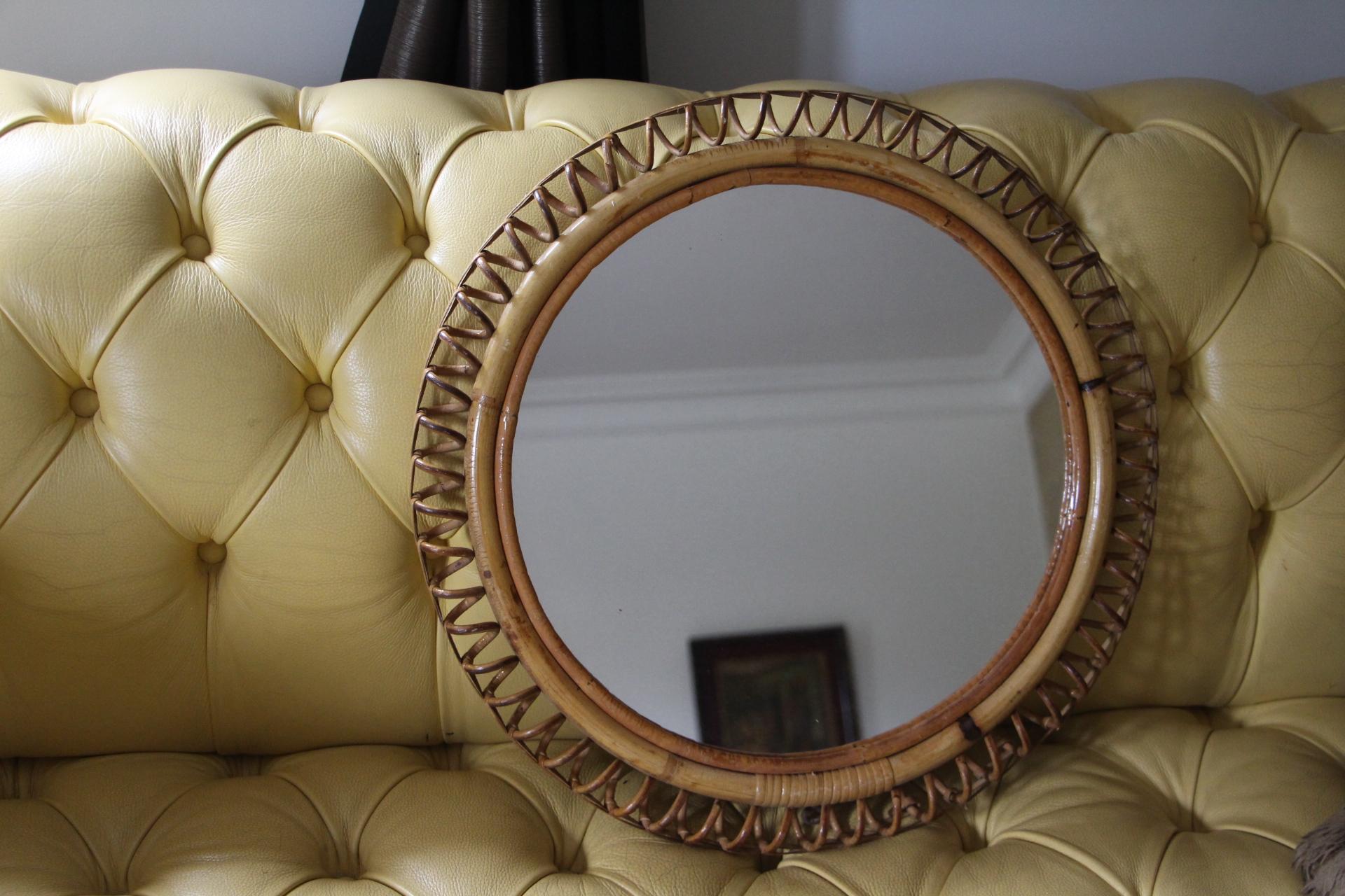 Vintage 1960s Rattan and Bamboo Round Wall Mirror by Franco Albini For Sale 4
