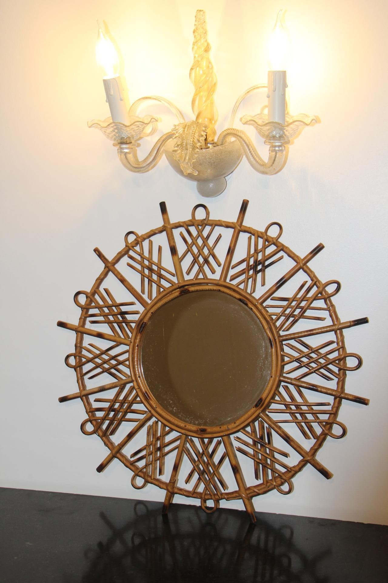 Vintage 1960’s Rattan and Bamboo Round Wall Mirror by Franco Albini For Sale 5