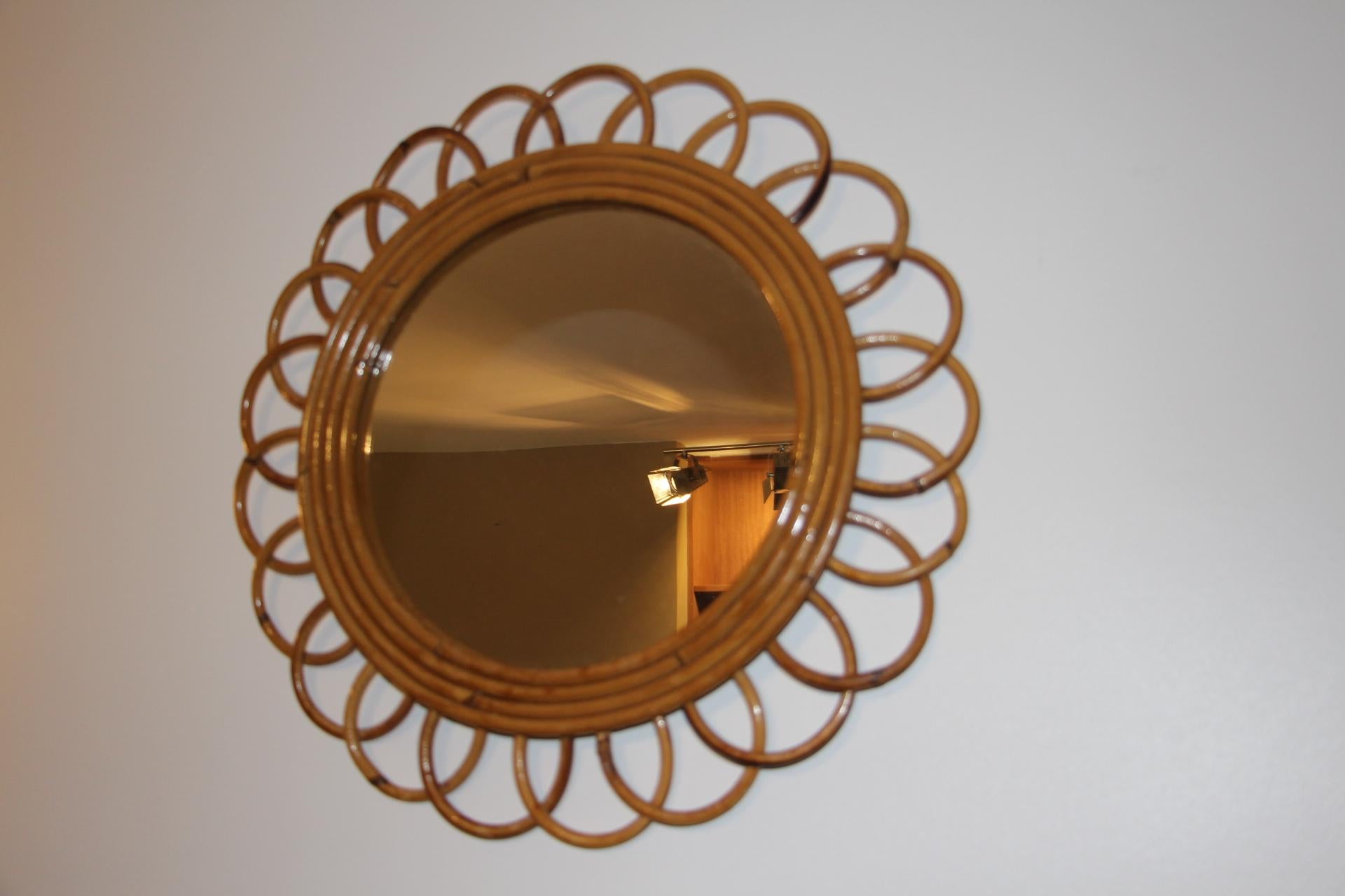 Vintage 1960’s Rattan and Bamboo Round Wall Mirror by Franco Albini For Sale 5