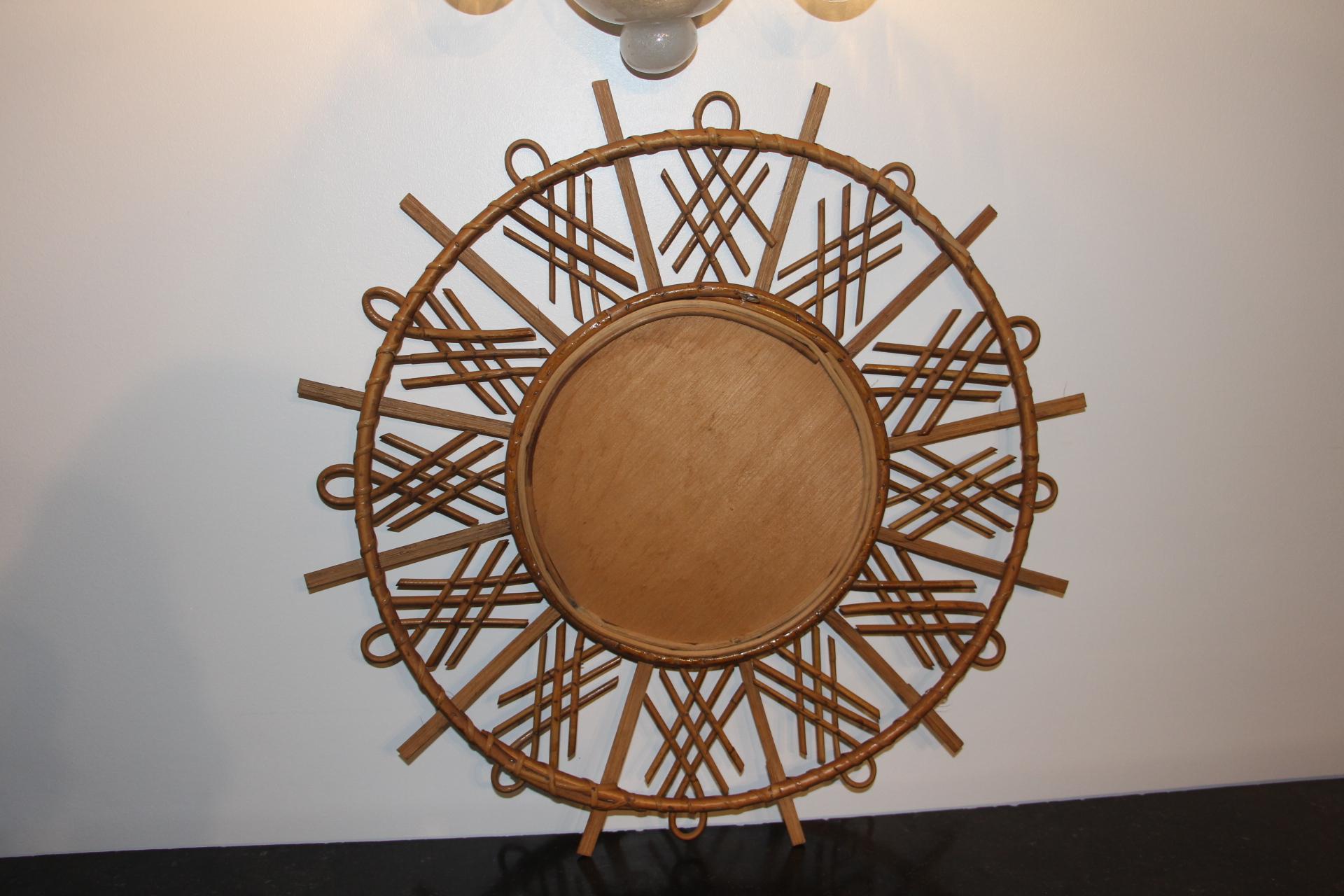Vintage 1960’s Rattan and Bamboo Round Wall Mirror by Franco Albini For Sale 6