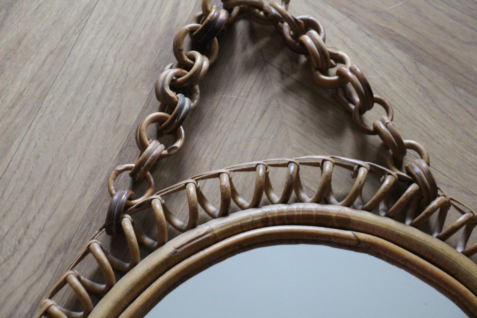 Vintage 1960s Rattan and Bamboo Round Wall Mirror by Franco Albini For Sale 6