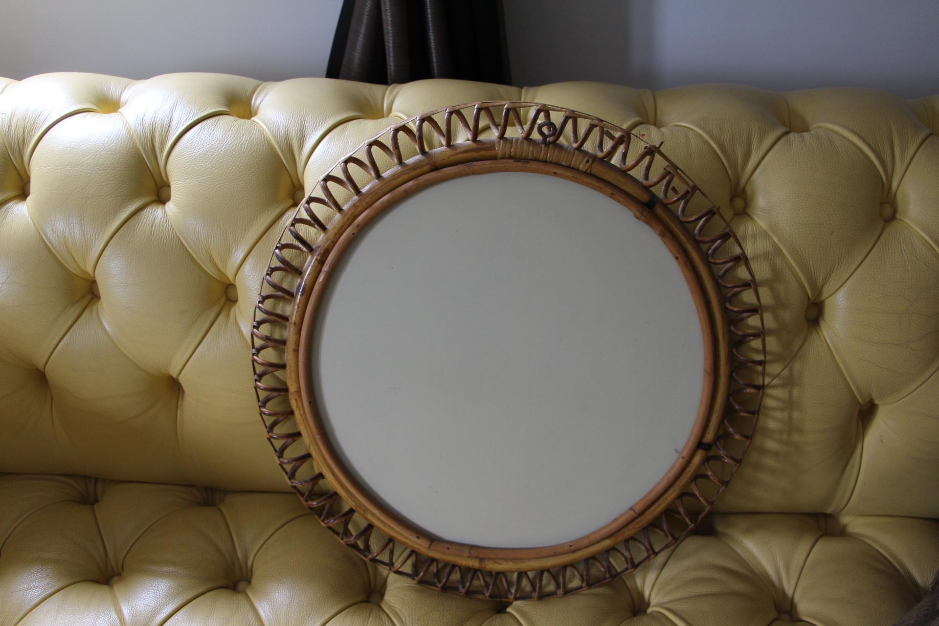 Vintage 1960s Rattan and Bamboo Round Wall Mirror by Franco Albini For Sale 7
