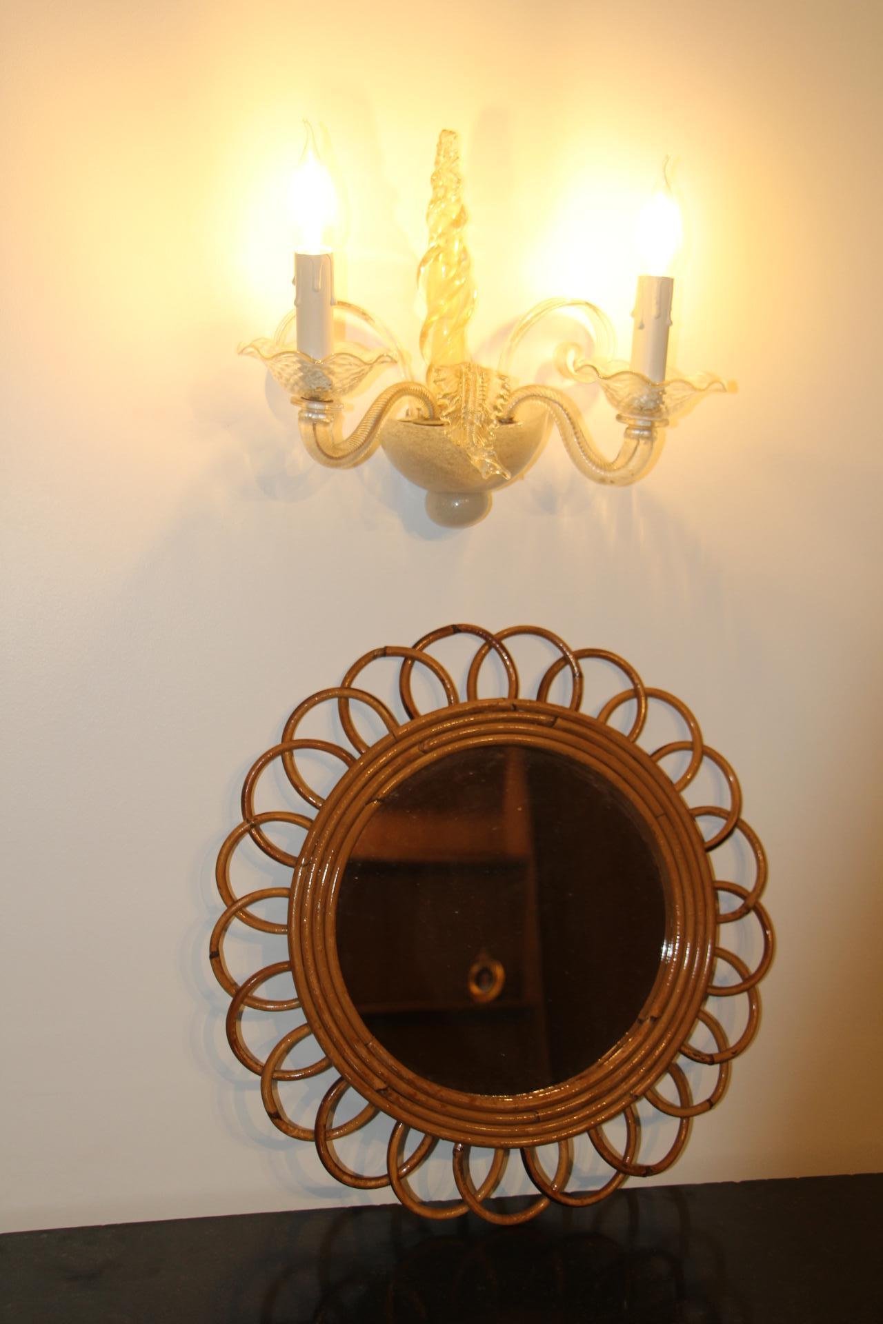 Vintage 1960’s Rattan and Bamboo Round Wall Mirror by Franco Albini For Sale 7