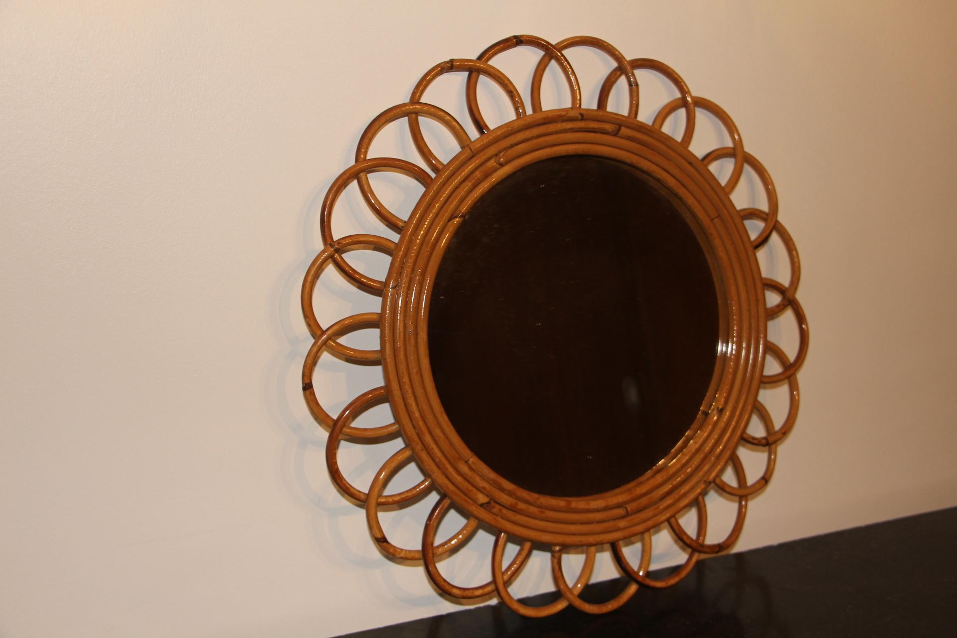 Vintage 1960’s Rattan and Bamboo Round Wall Mirror by Franco Albini For Sale 9