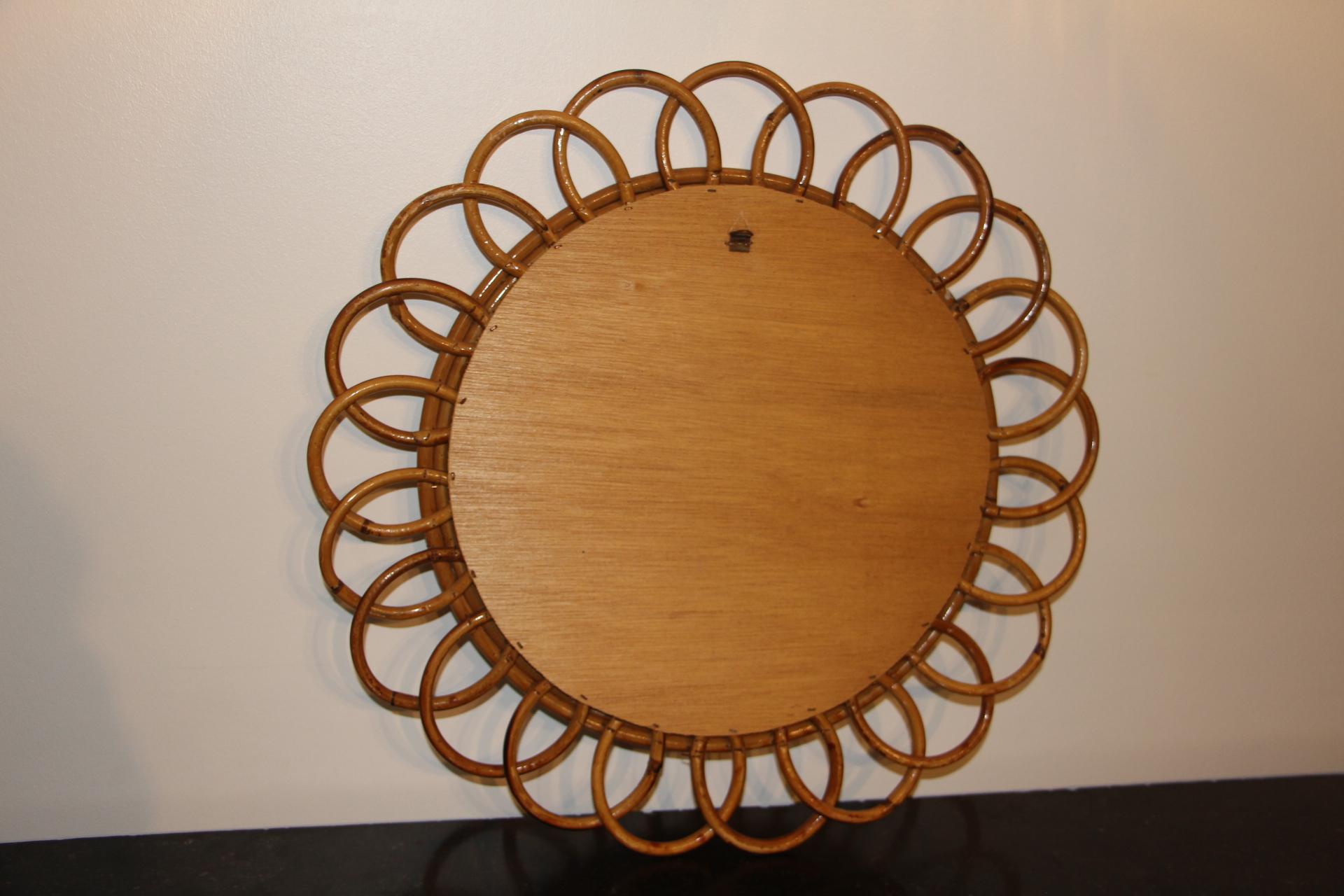 Vintage 1960’s Rattan and Bamboo Round Wall Mirror by Franco Albini For Sale 11