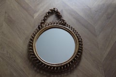 Vintage 1960s Rattan and Bamboo Round Wall Mirror by Franco Albini