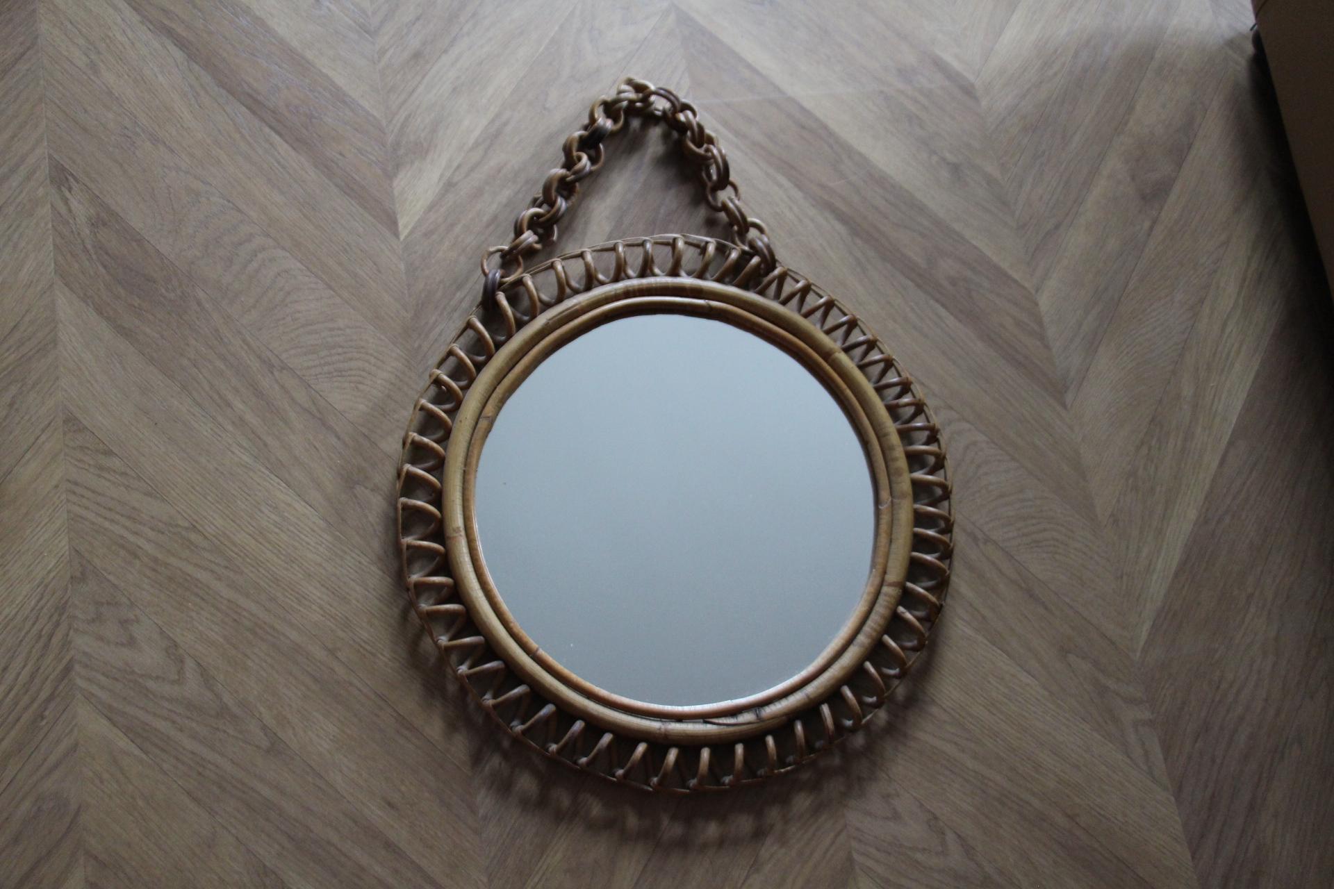 Vintage 1960s Rattan and Bamboo Round Wall Mirror by Franco Albini In Good Condition For Sale In Saint-Ouen, FR