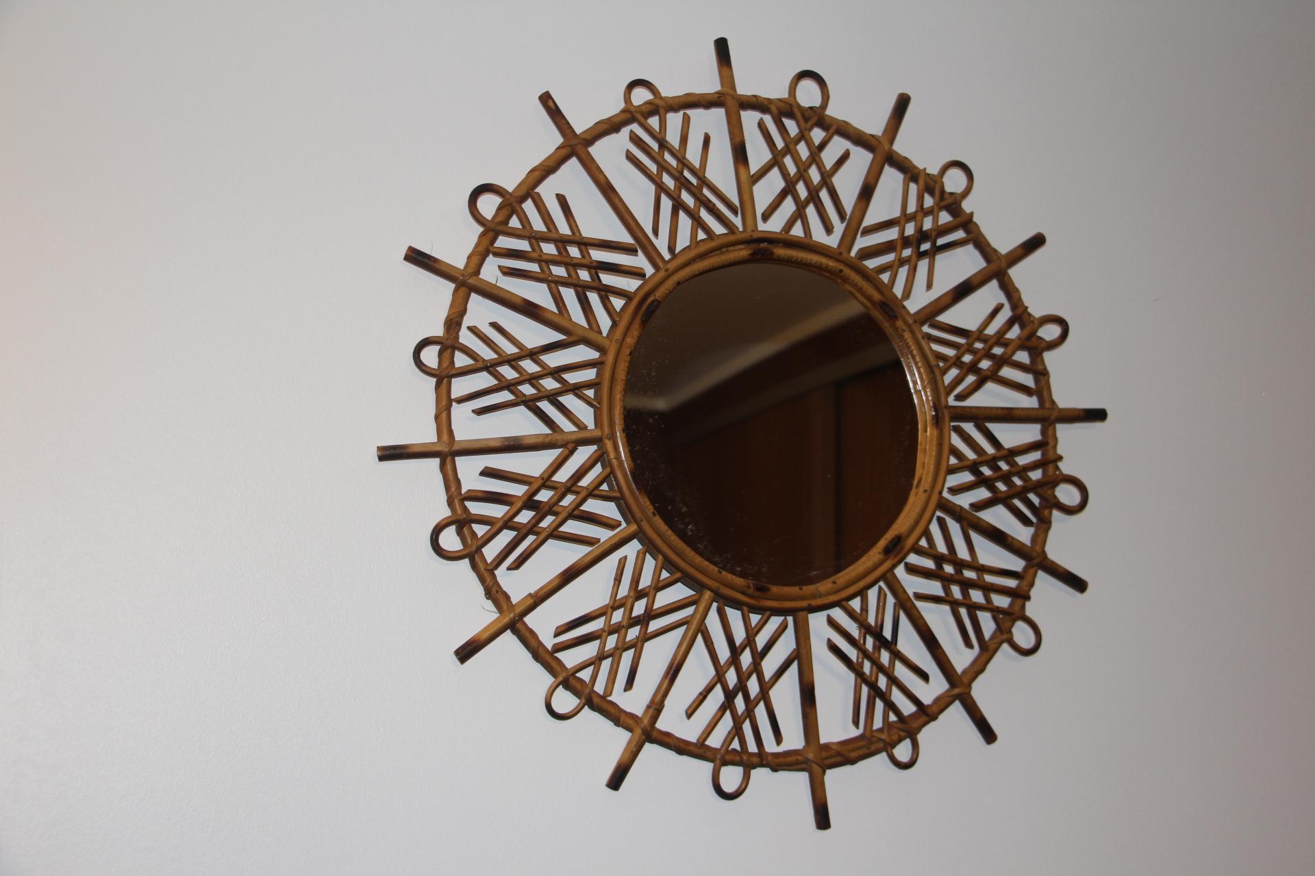 Mid-20th Century Vintage 1960’s Rattan and Bamboo Round Wall Mirror by Franco Albini For Sale