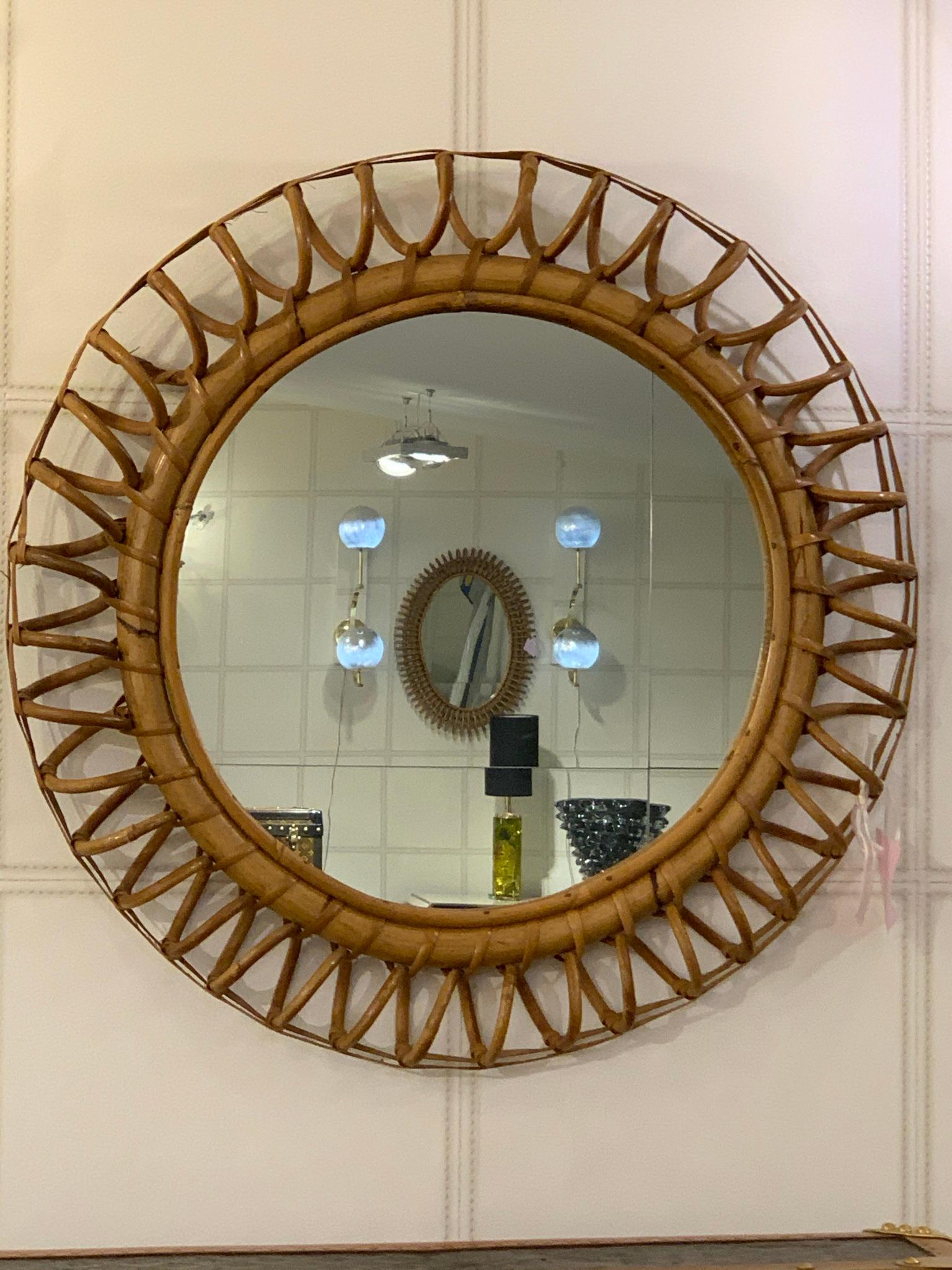 Vintage 1960s Rattan and Bamboo 51 cm Round Wall Mirror by Franco Albini For Sale 1