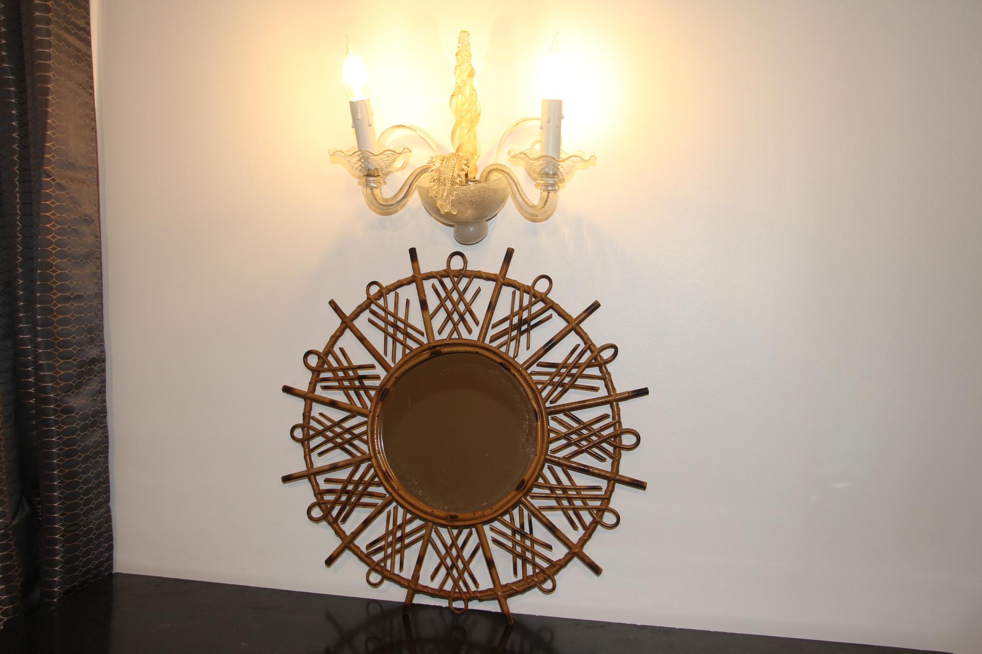 Specchio da parete rotondo in rattan e bambù vintage degli anni '60 di Franco Albini in vendita 2