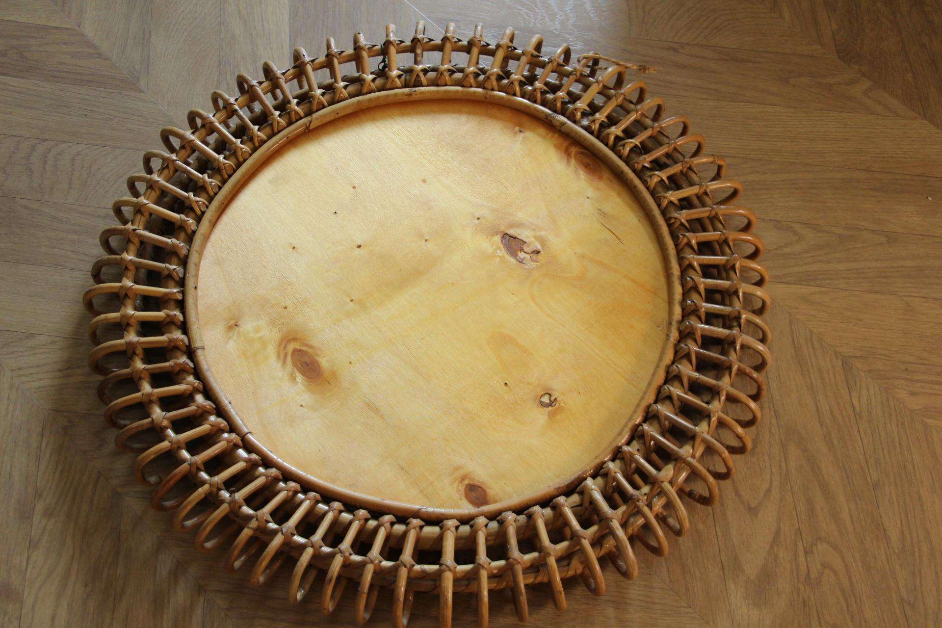 Vintage 1960s Rattan and Bamboo Round Wall Mirror by Franco Albini For Sale 3