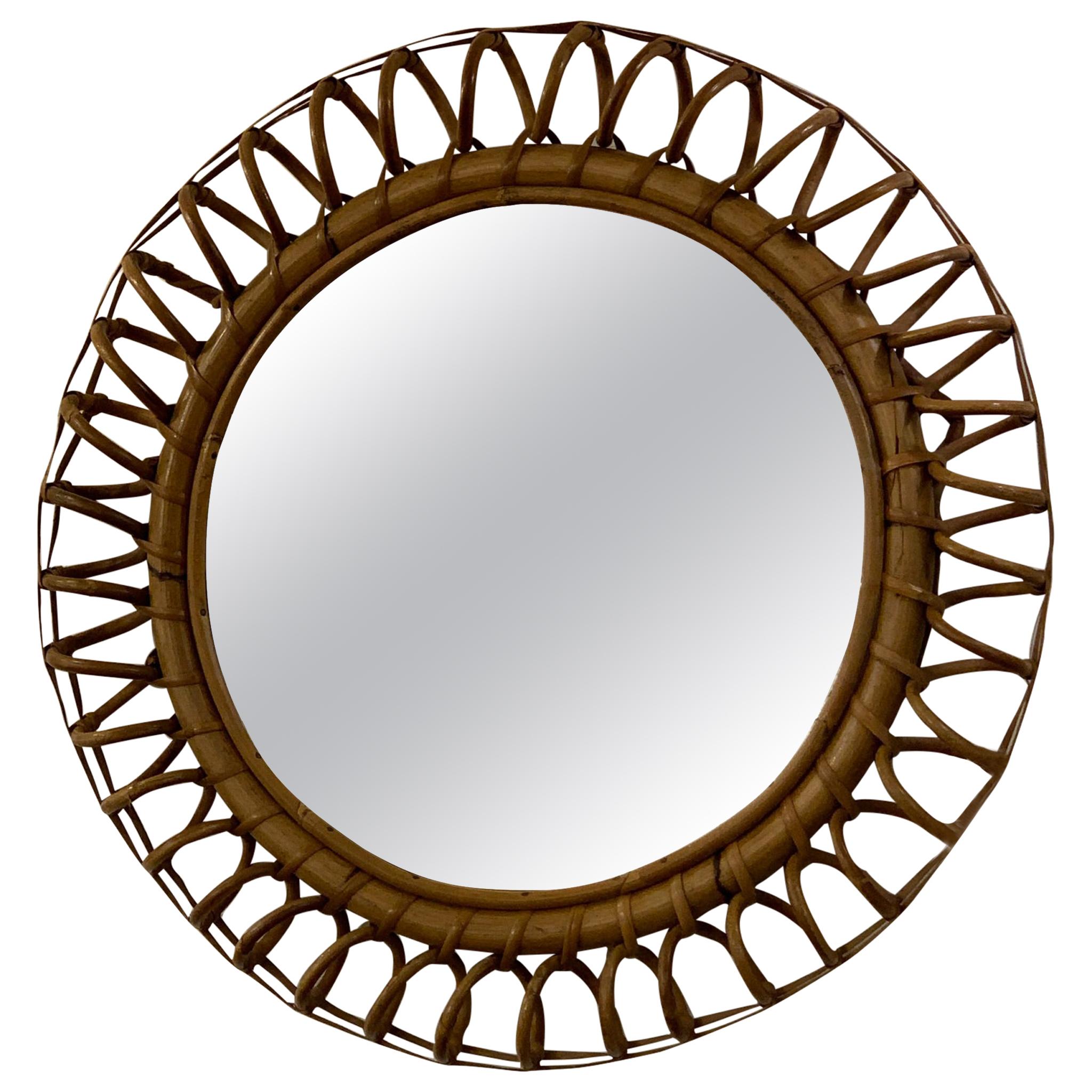 Vintage 1960s Rattan and Bamboo 51 cm Round Wall Mirror by Franco Albini For Sale