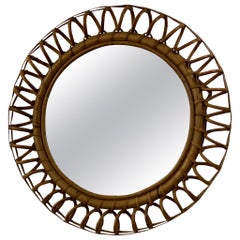 Vintage 1960s Rattan and Bamboo 51 cm Round Wall Mirror by Franco Albini