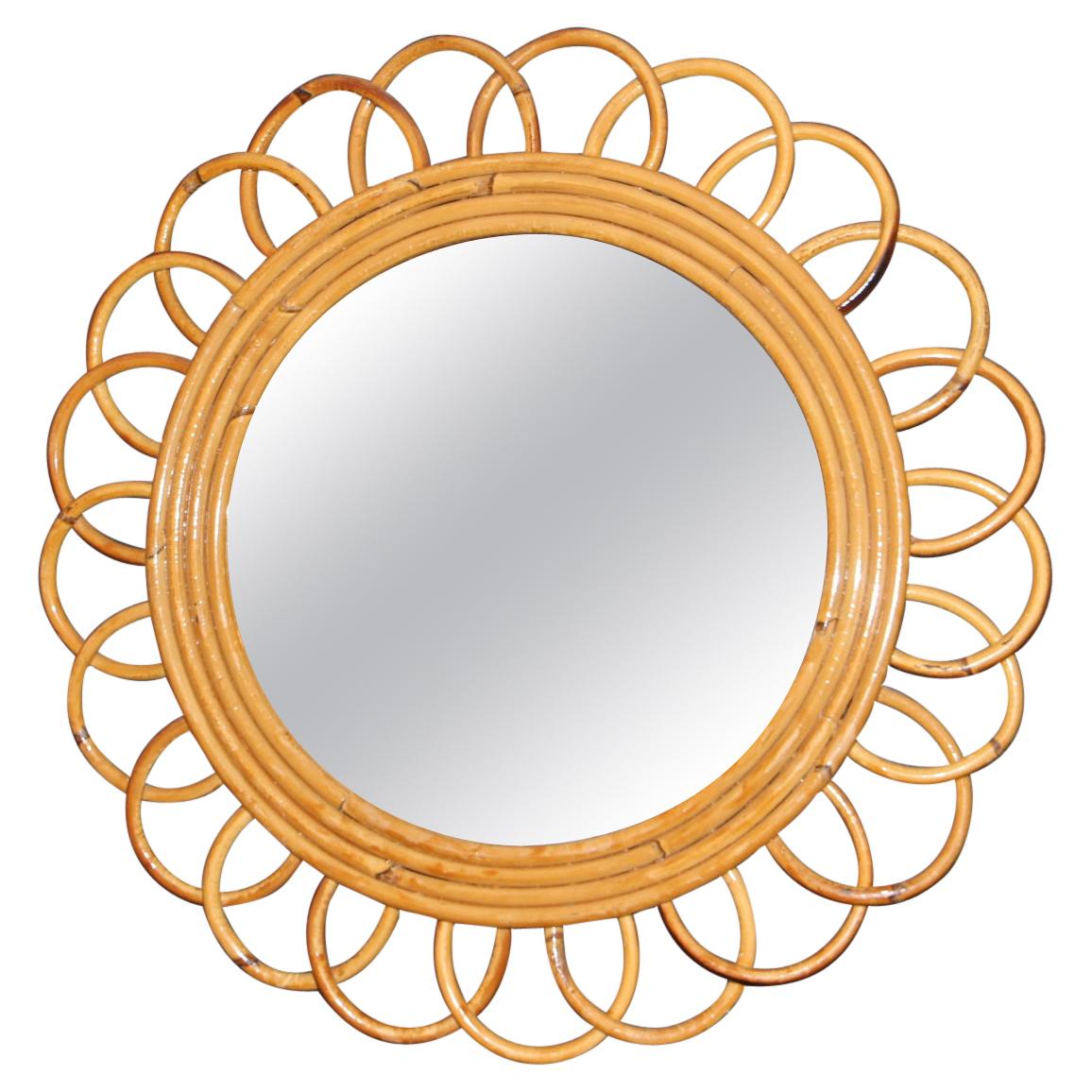 Vintage 1960’s Rattan and Bamboo Round Wall Mirror by Franco Albini For Sale