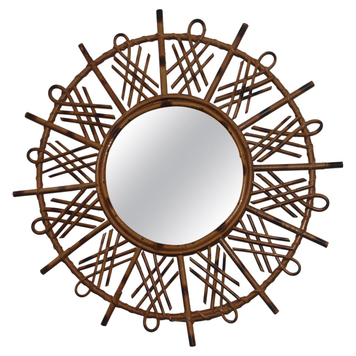 Vintage 1960’s Rattan and Bamboo Round Wall Mirror by Franco Albini For Sale