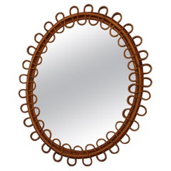 Vintage 1960’s Rattan and Bamboo Round Wall Mirror by Franco Albini