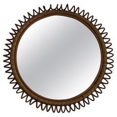 Vintage 1960s Rattan and Bamboo Round Wall Mirror by Franco Albini