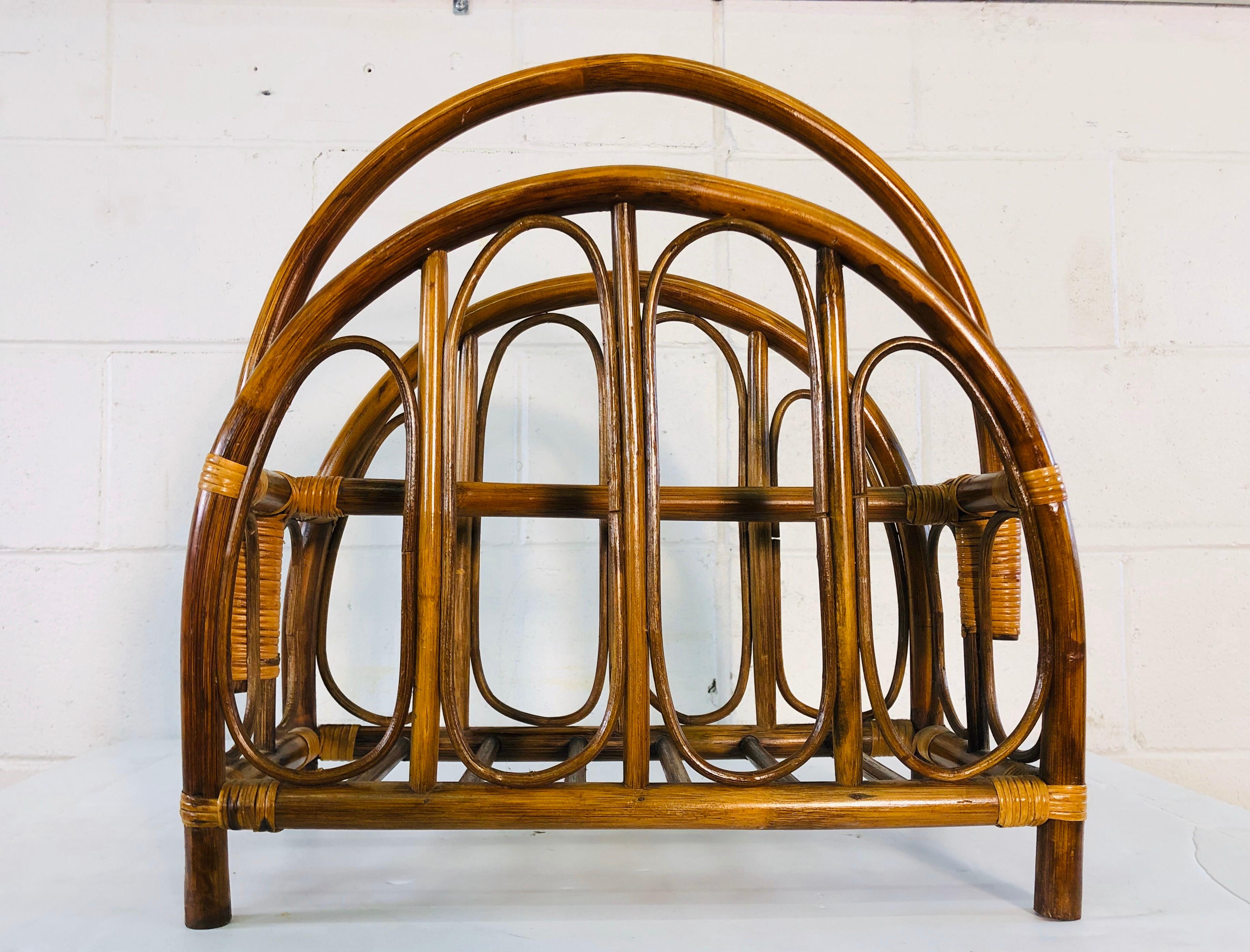 Vintage 1960s Rattan Magazine Rack with Arches In Good Condition In Amherst, NH