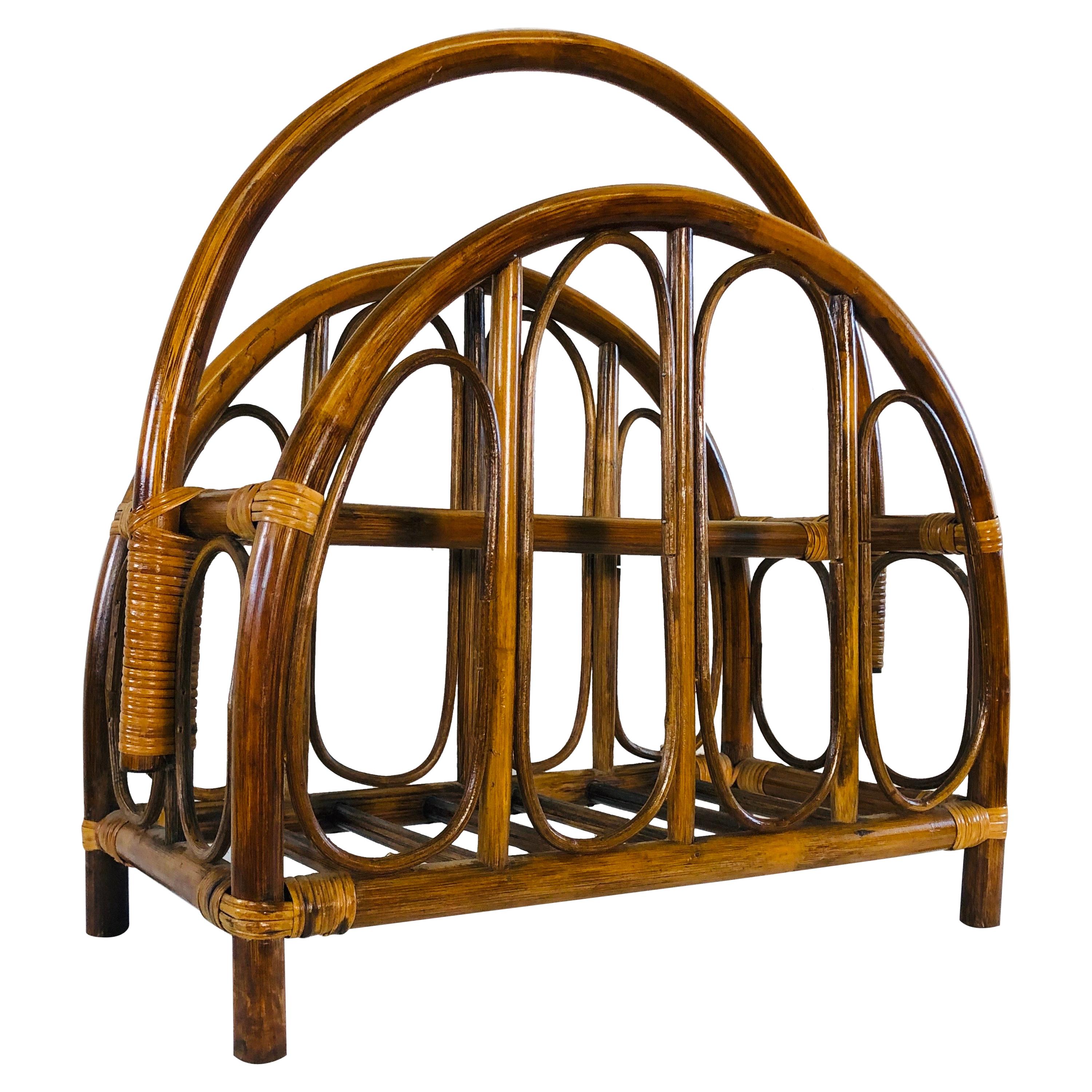 Vintage 1960s Rattan Magazine Rack with Arches