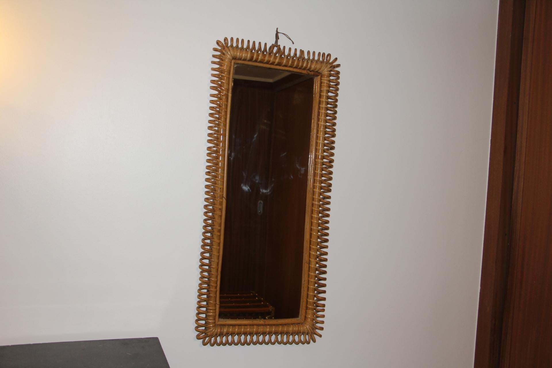 Mid-20th Century Vintage 1960’s Rectangular Rattan and Bamboo Wall Mirror by Franco Albini