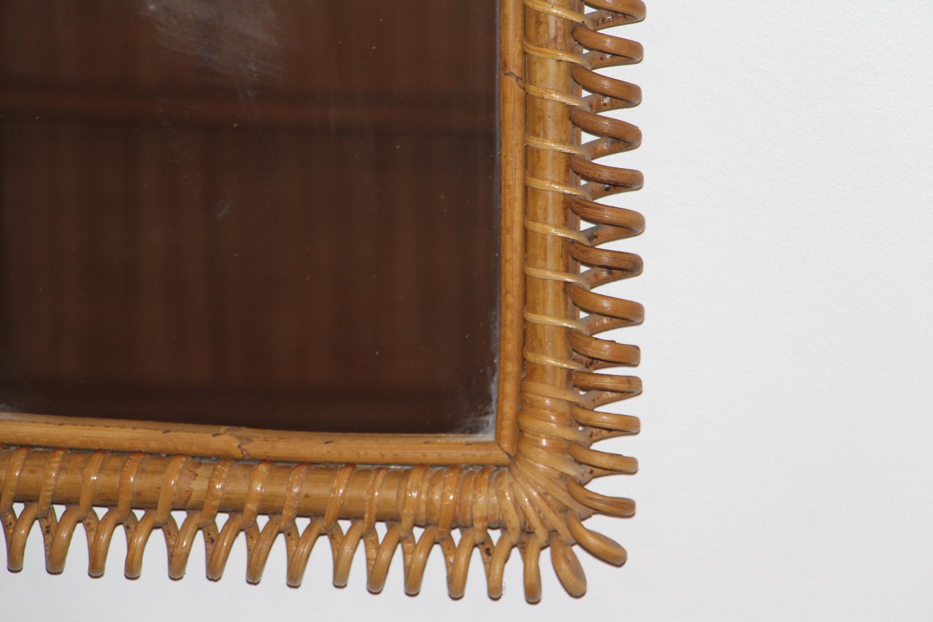 Vintage 1960’s Rectangular Rattan and Bamboo Wall Mirror by Franco Albini 3