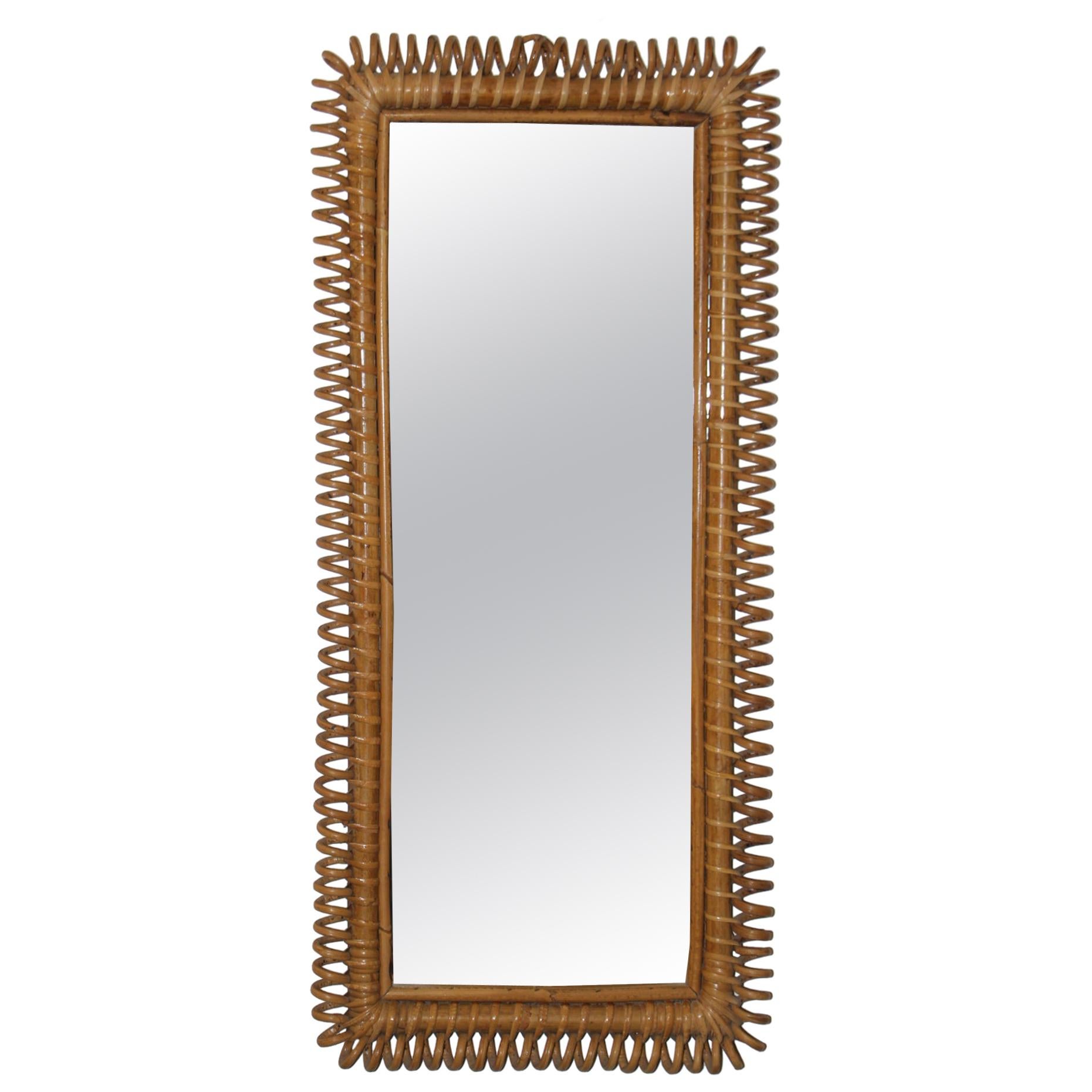 Vintage 1960’s Rectangular Rattan and Bamboo Wall Mirror by Franco Albini